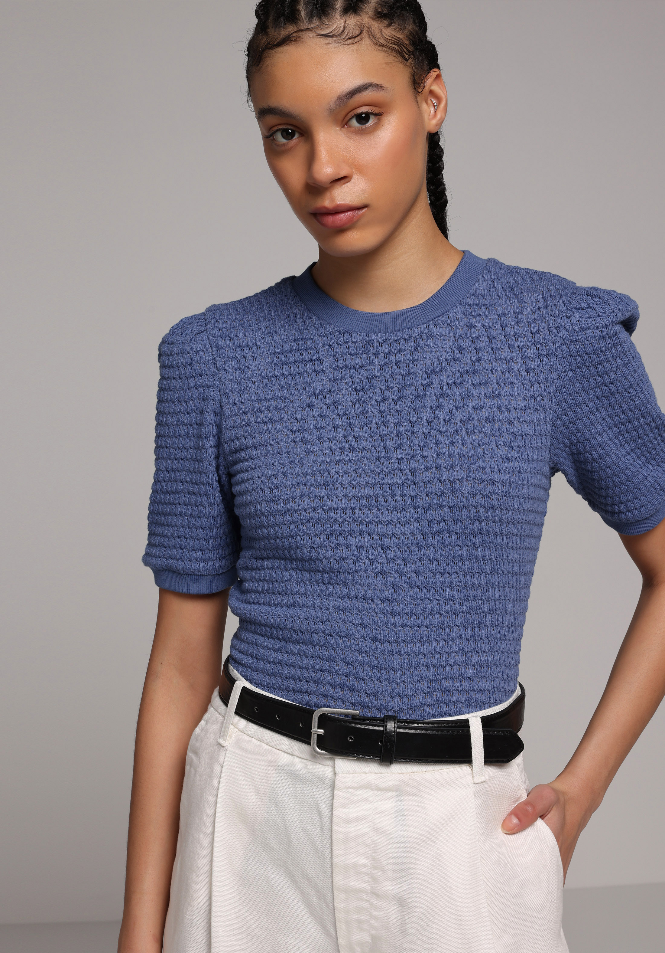 Slim Fit Yuvarlak Yaka Düz Kadın Mavi Kısa Kol Tişört