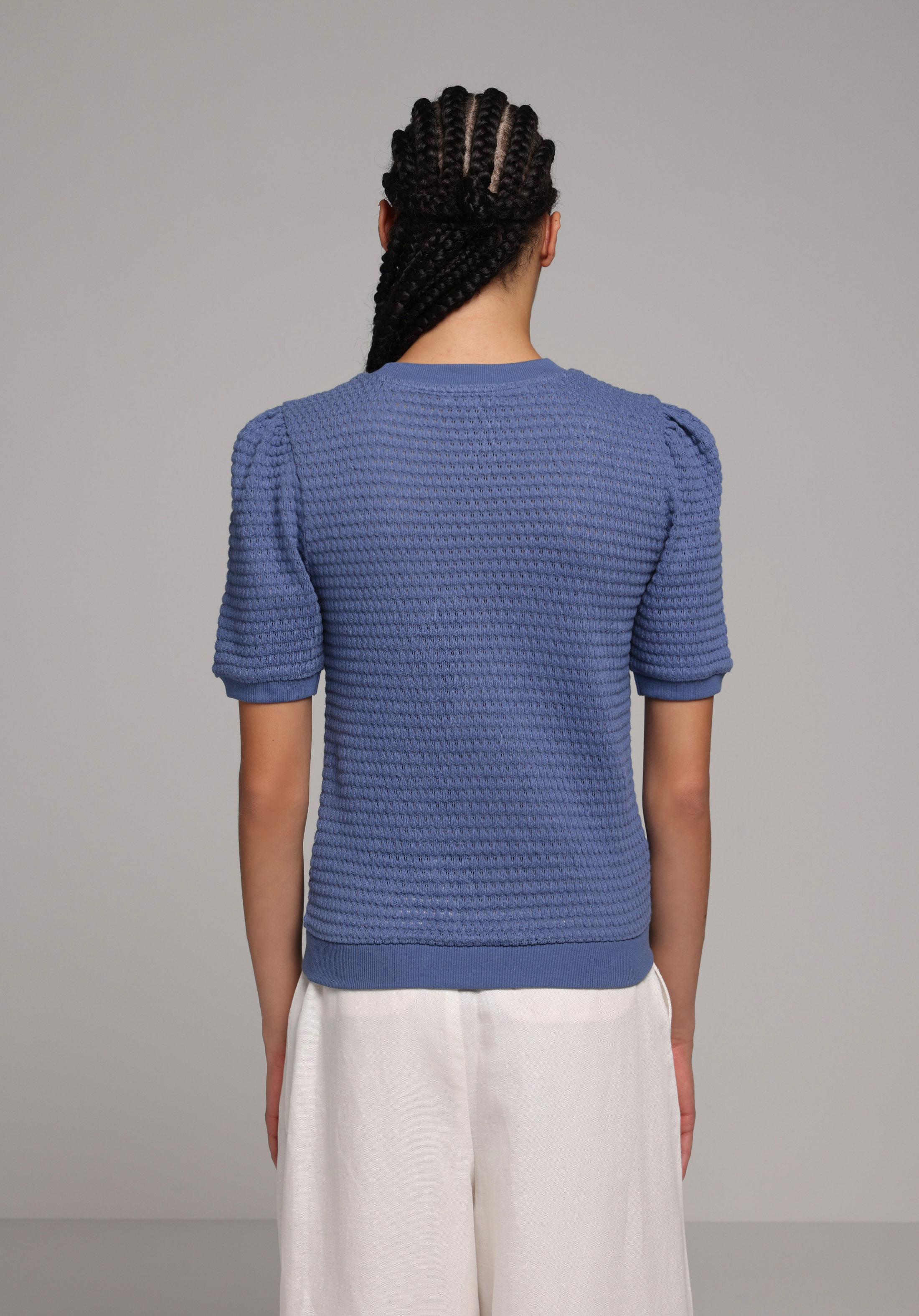 Slim Fit Yuvarlak Yaka Düz Kadın Mavi Kısa Kol Tişört