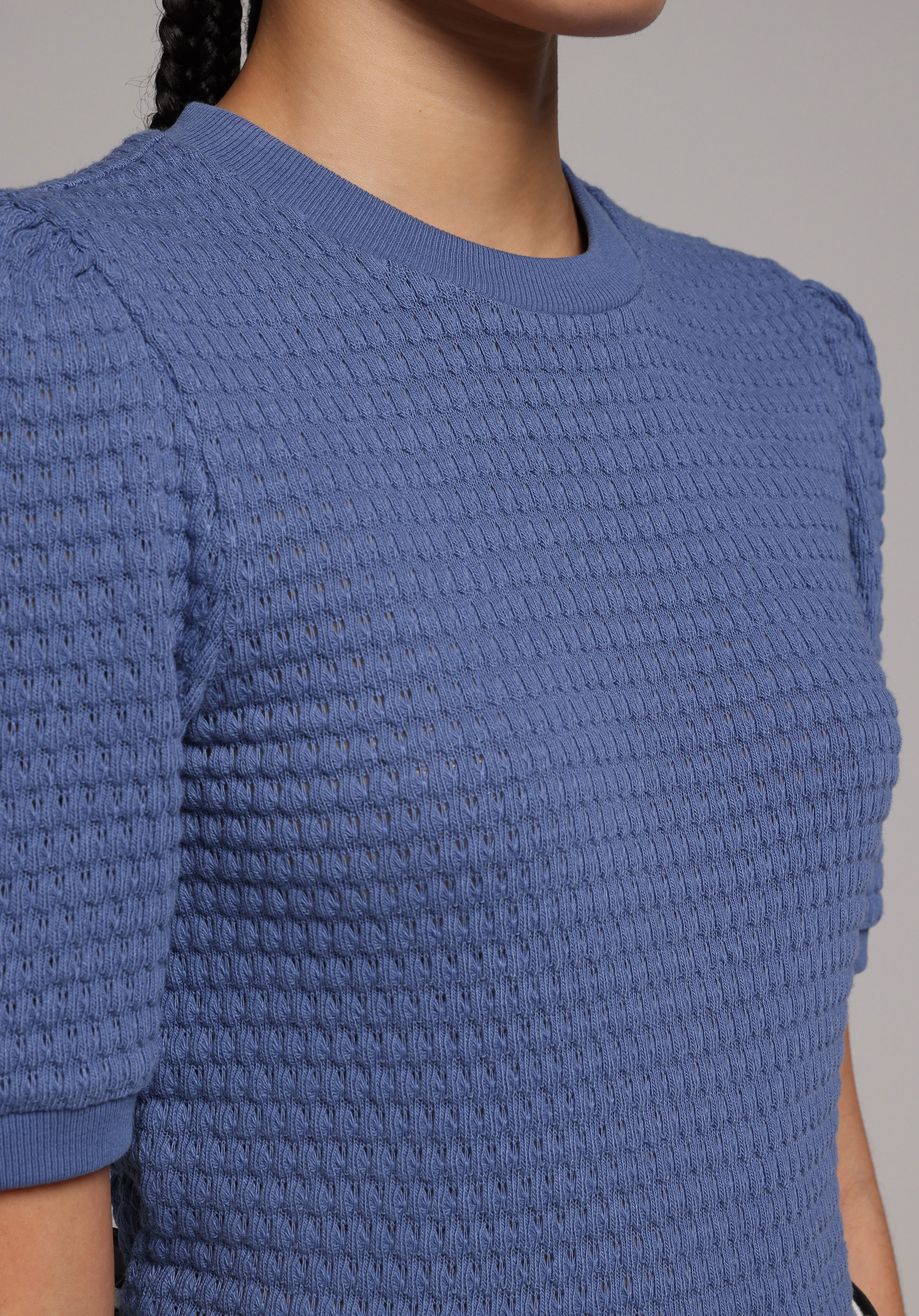 Slim Fit Yuvarlak Yaka Düz Kadın Mavi Kısa Kol Tişört