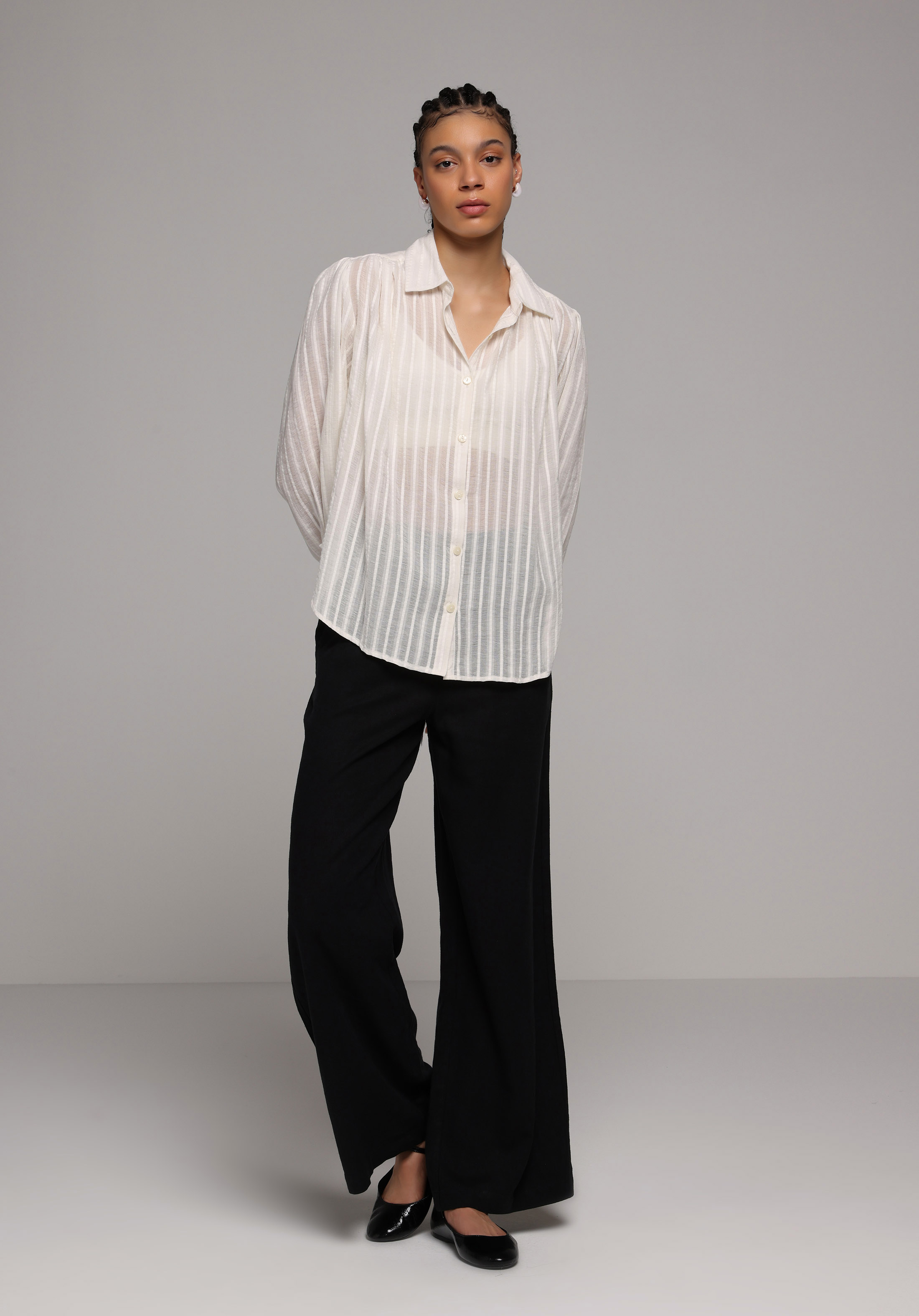 Fashion Fit Shirt Neck Jakarlı Kadın Ekru Uzun Kol Gömlek