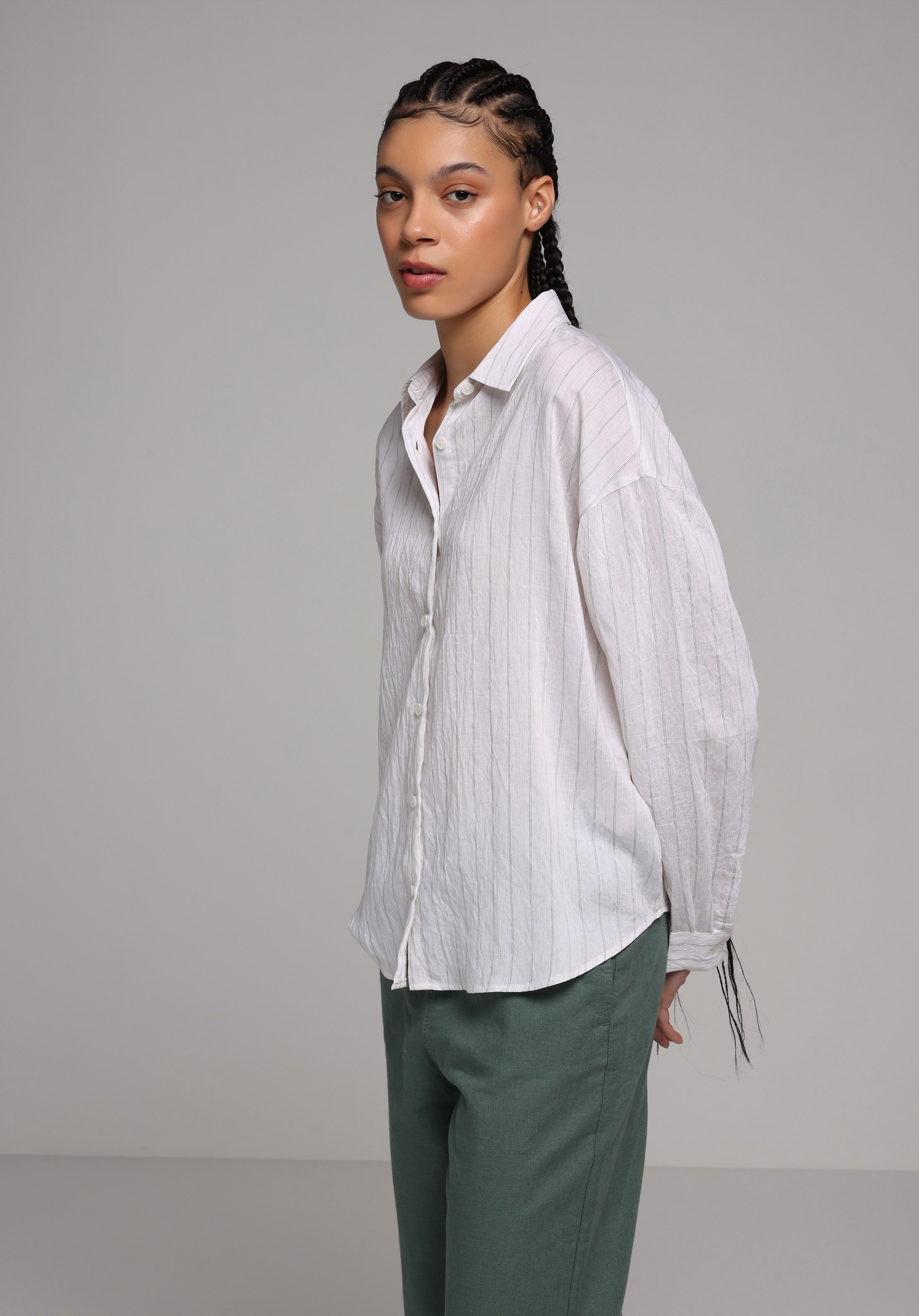 Fashion Fit Shirt Neck Çizgili Kadın Beyaz Uzun Kol Gömlek