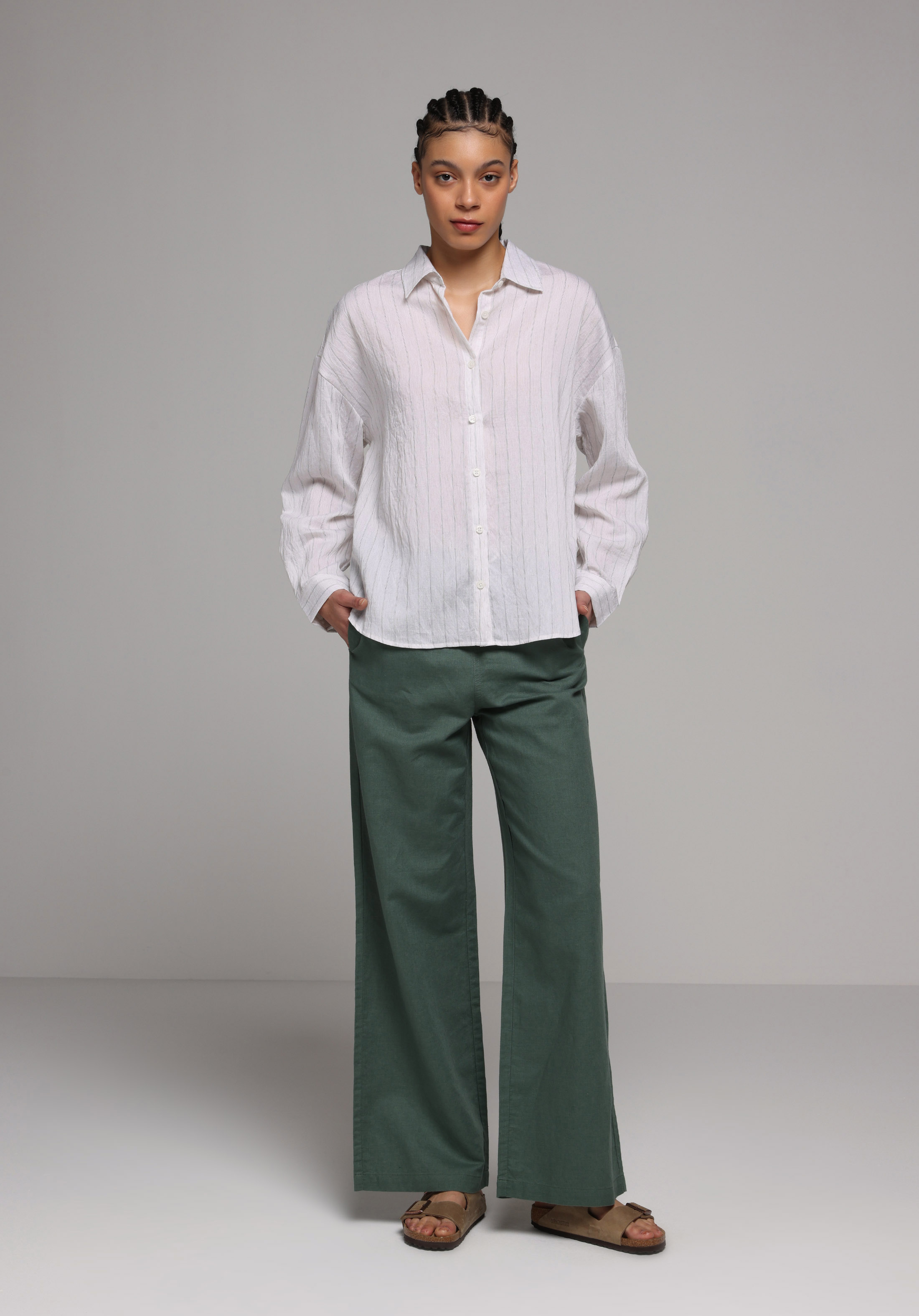 Fashion Fit Shirt Neck Çizgili Kadın Beyaz Uzun Kol Gömlek