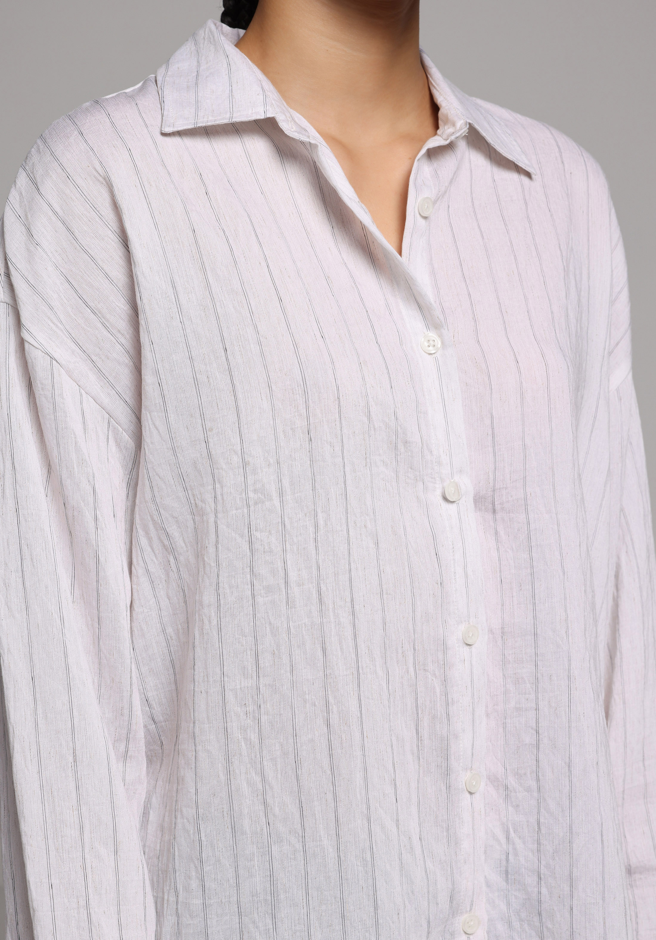 Fashion Fit Shirt Neck Çizgili Kadın Beyaz Uzun Kol Gömlek