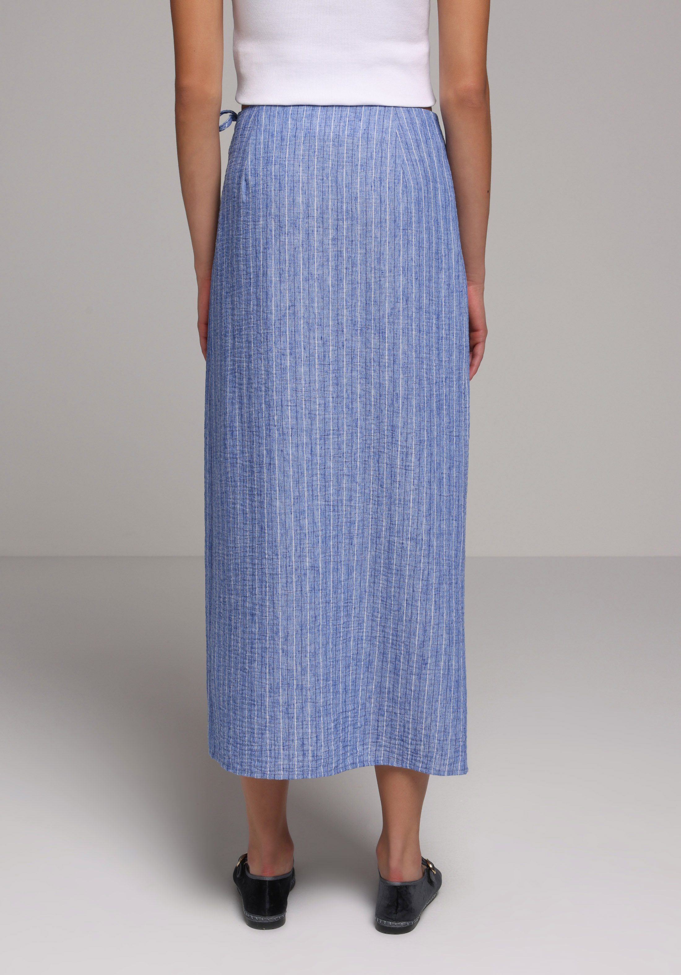 Midi Çizgili  Kadın Mavi Etek