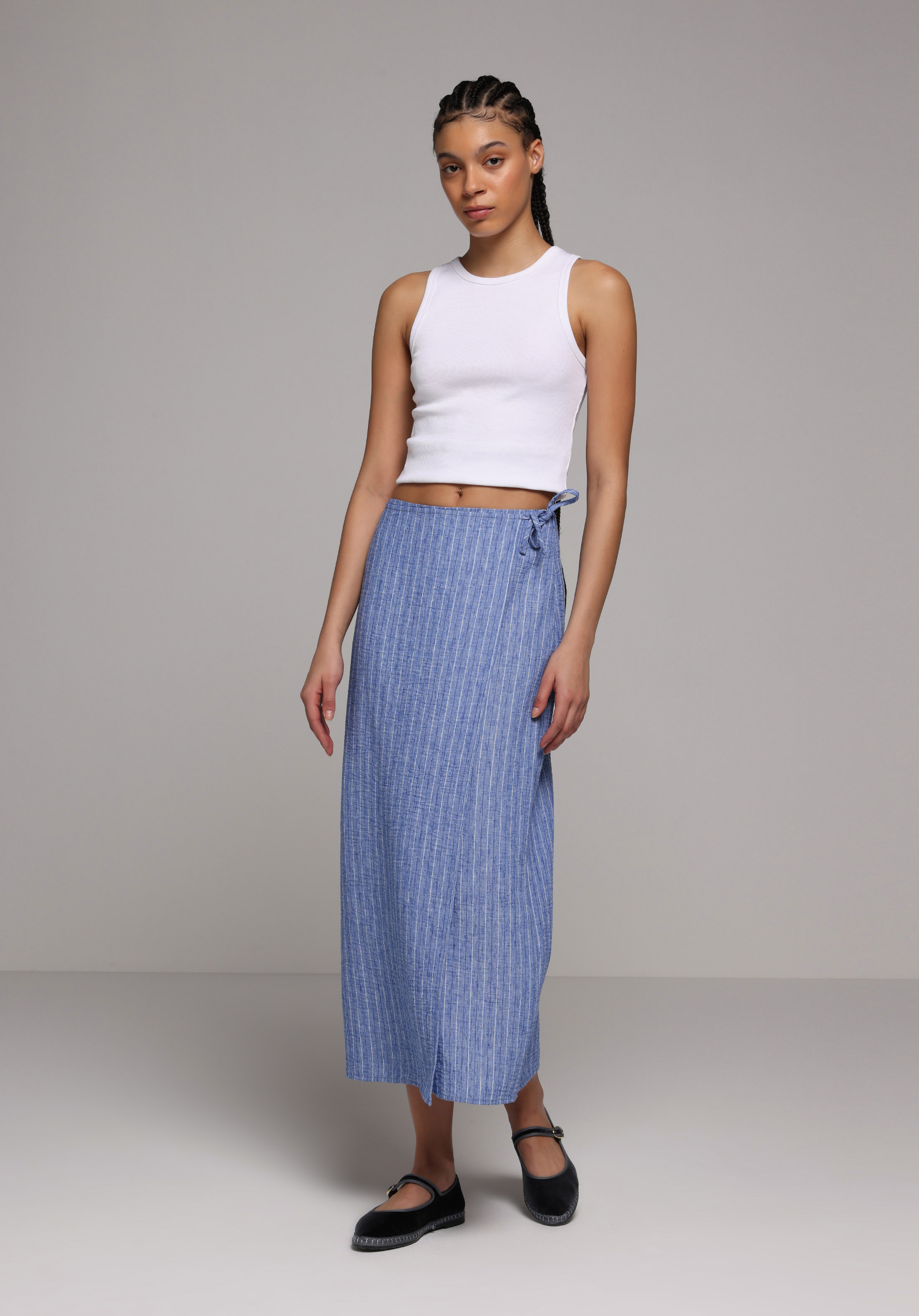 Midi Çizgili  Kadın Mavi Etek