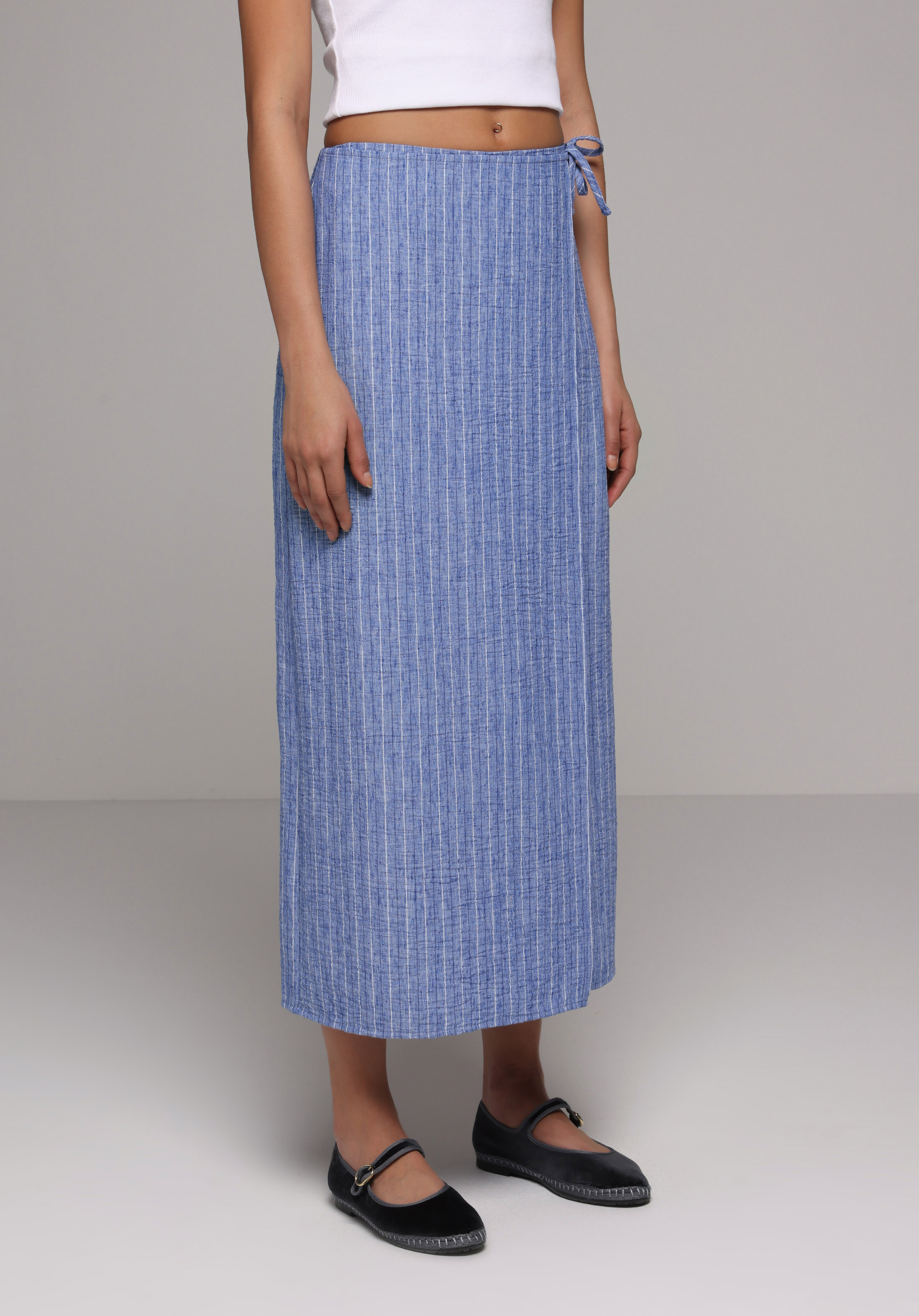 Midi Çizgili  Kadın Mavi Etek