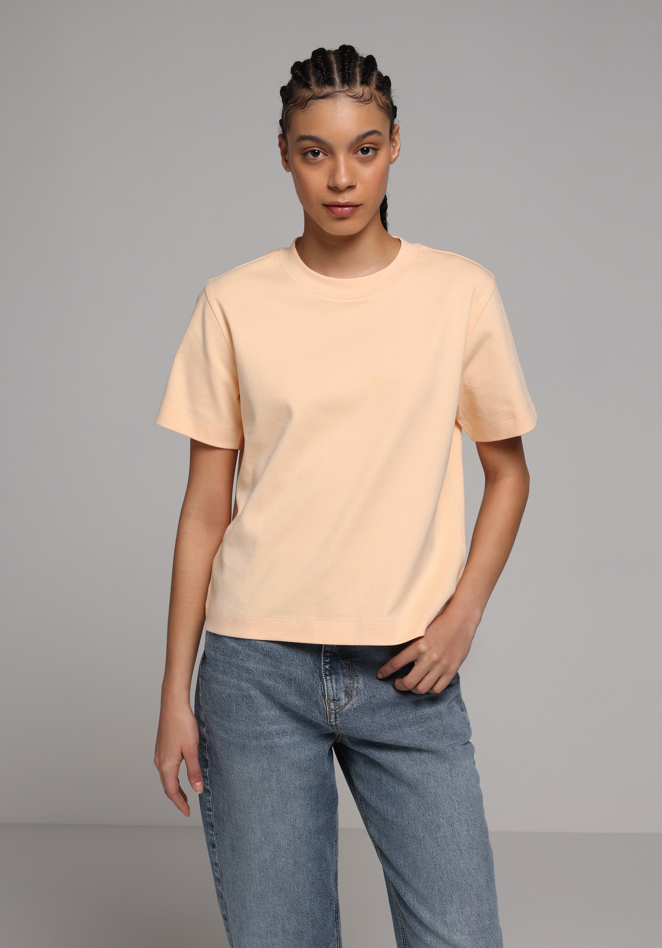 Boxy Fit Yuvarlak Yaka Düz Kadın Turuncu Kısa Kol Tişört