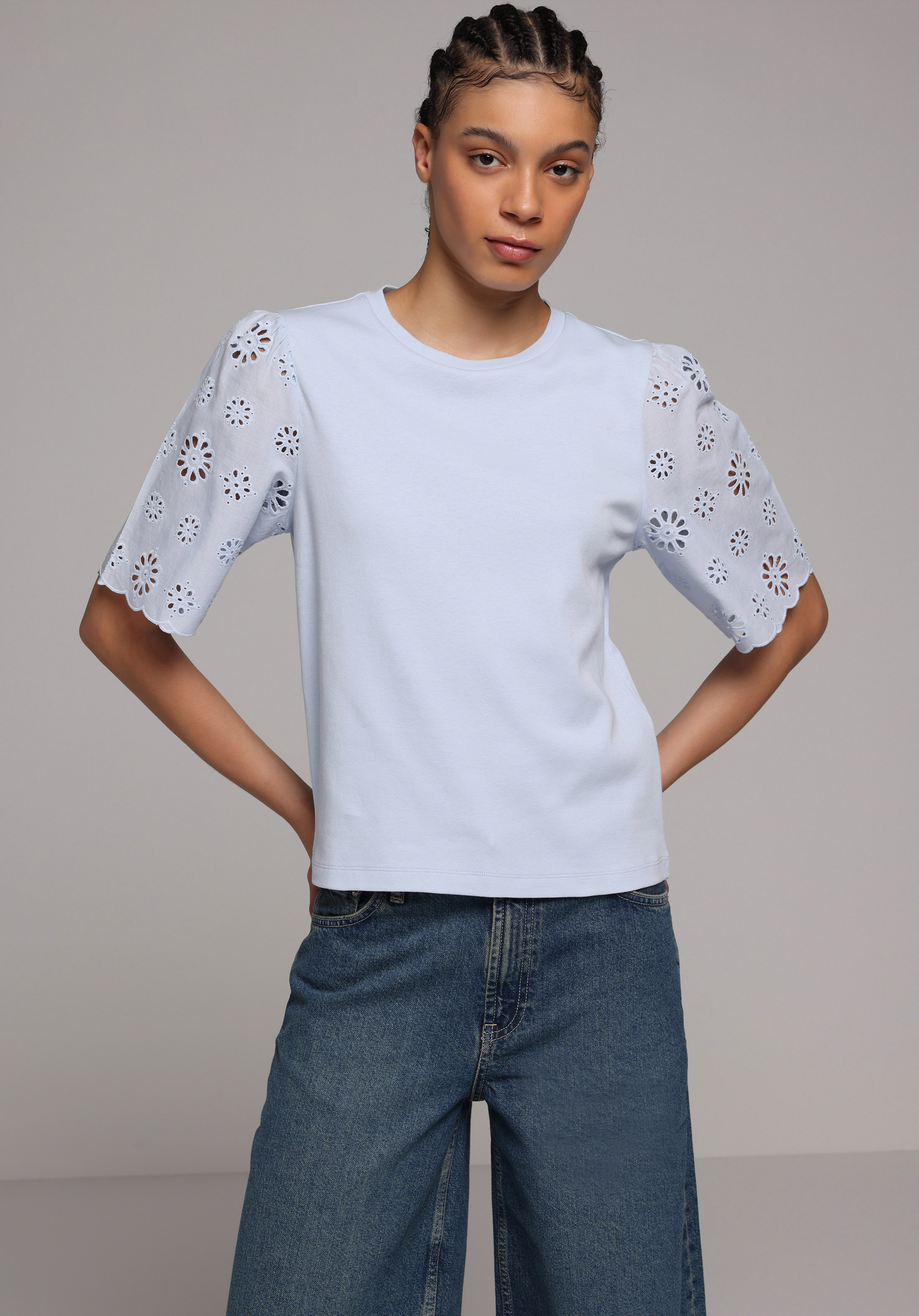 Regular Fit Yuvarlak Yaka Düz Kadın Mavi Kısa Kol Tişört