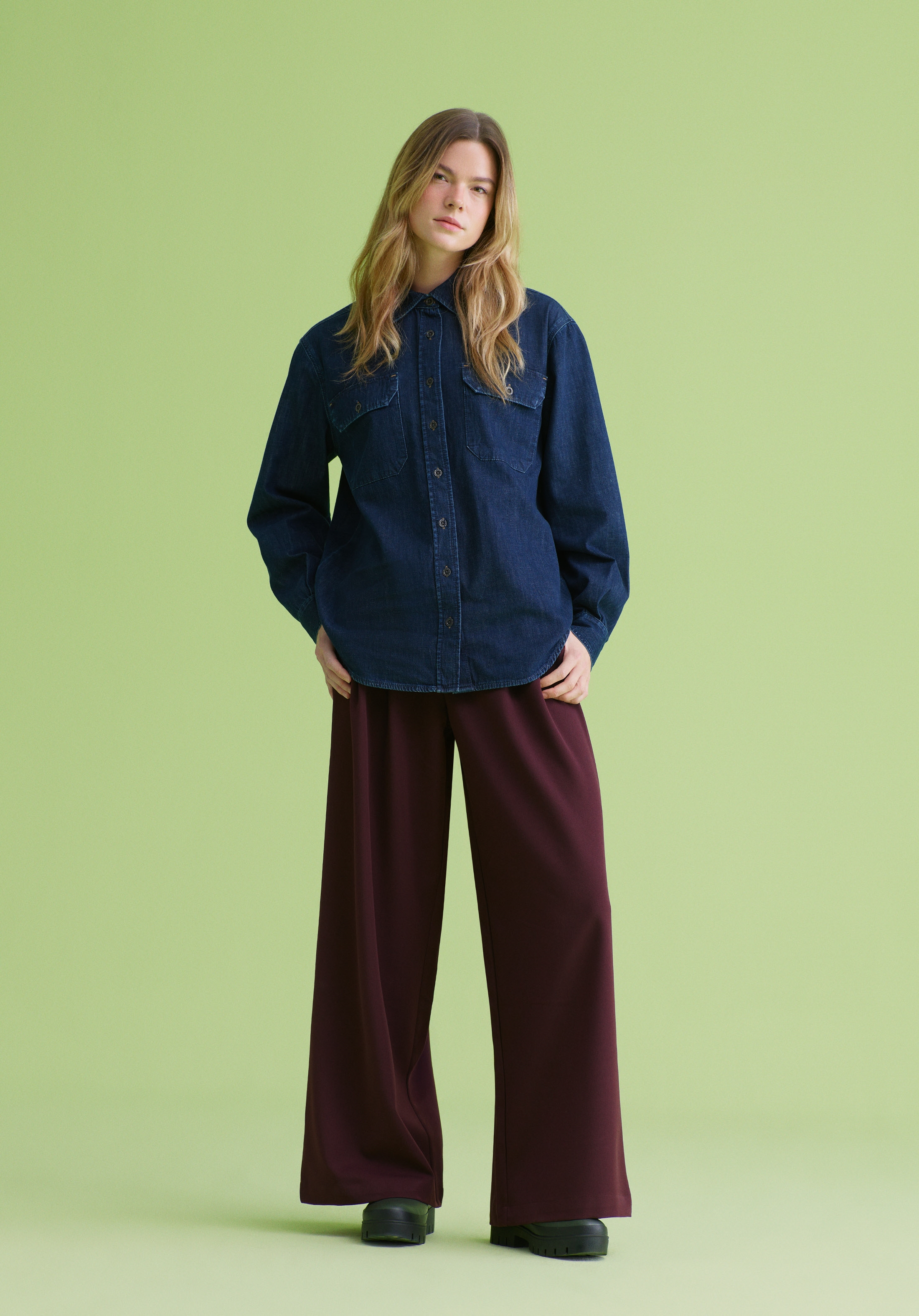 Regular Fit Yüksel Bel Geniş Paça Kadın Bordo  Pantolon