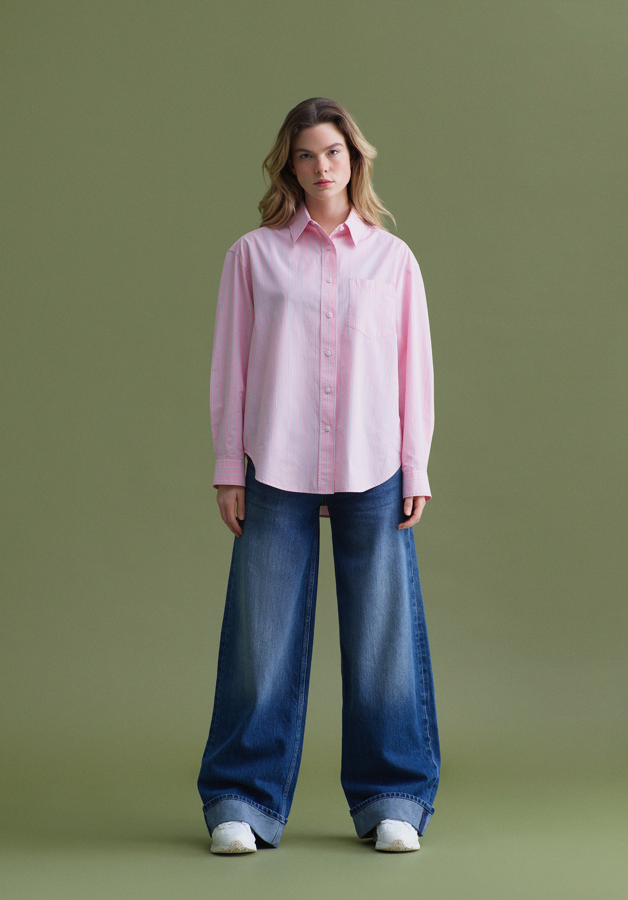 Oversize Fit Shirt Neck Çizgili Kadın Pembe Uzun Kol Gömlek