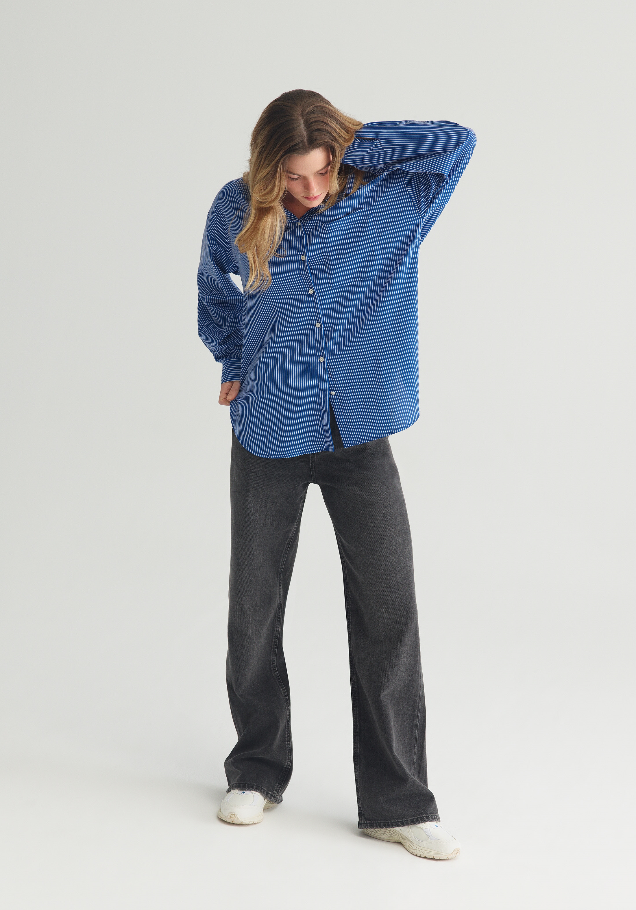 Fashion Fit Shirt Neck Çizgili Kadın Mavi Uzun Kol Gömlek