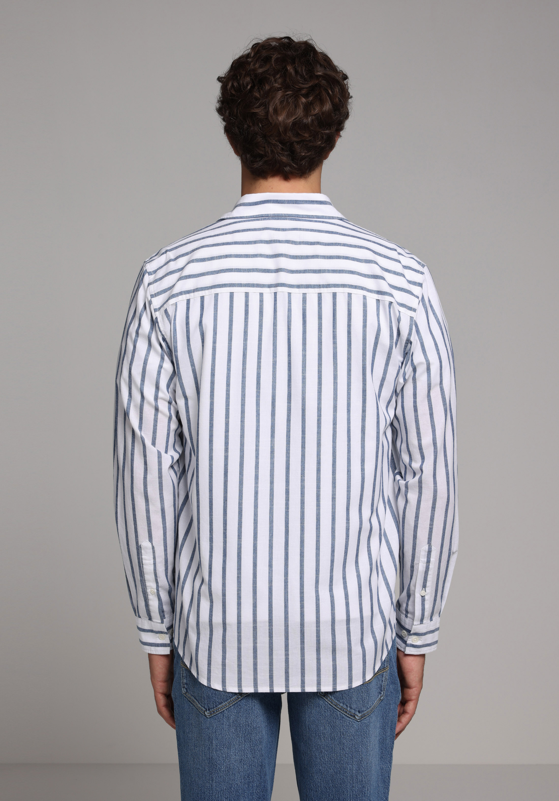 Regular Fit Shirt Neck Çizgili Erkek Mavi Uzun Kol Gömlek