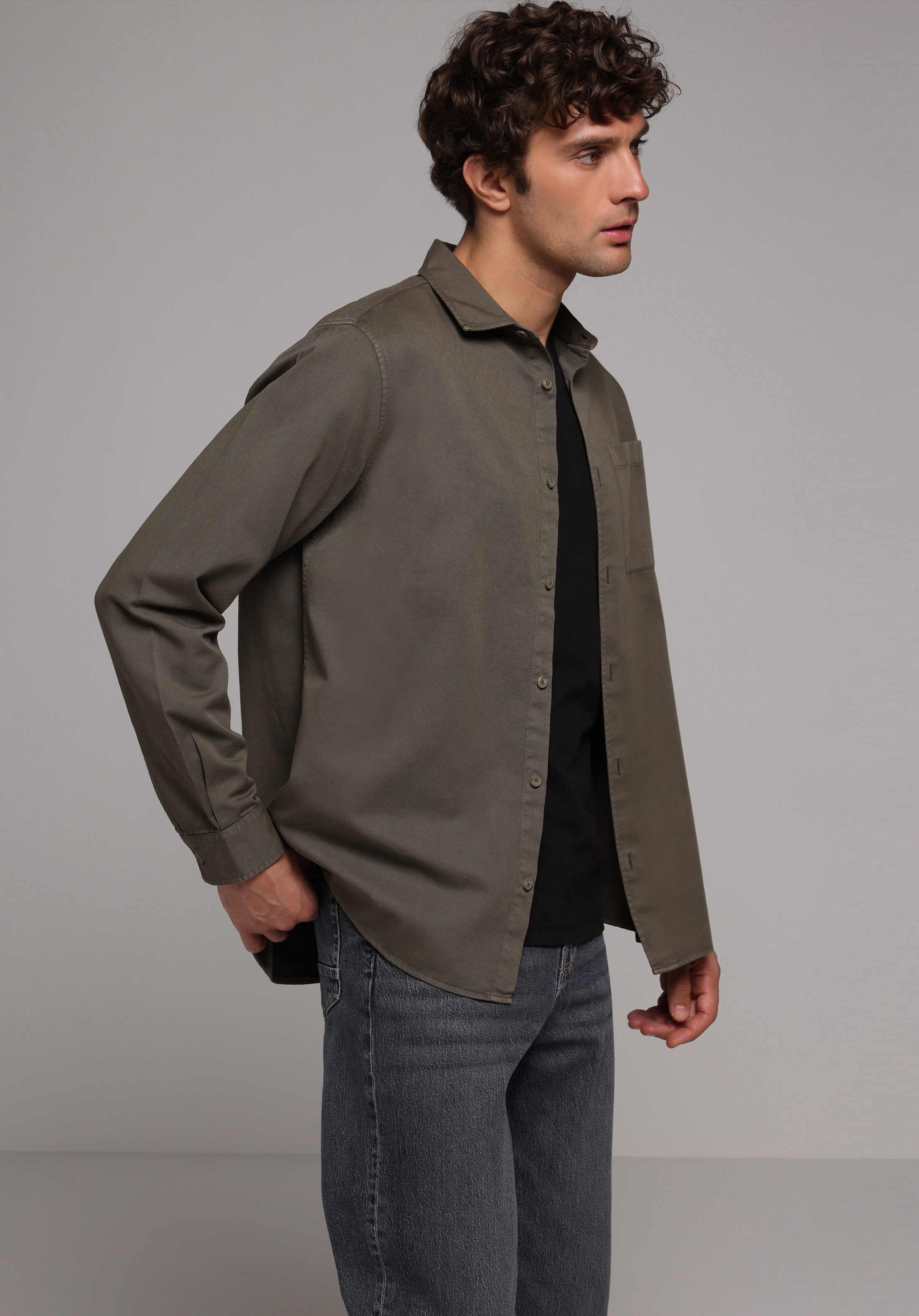 Relaxed Fit Shirt Neck Düz Erkek Yeşil Uzun Kol Gömlek