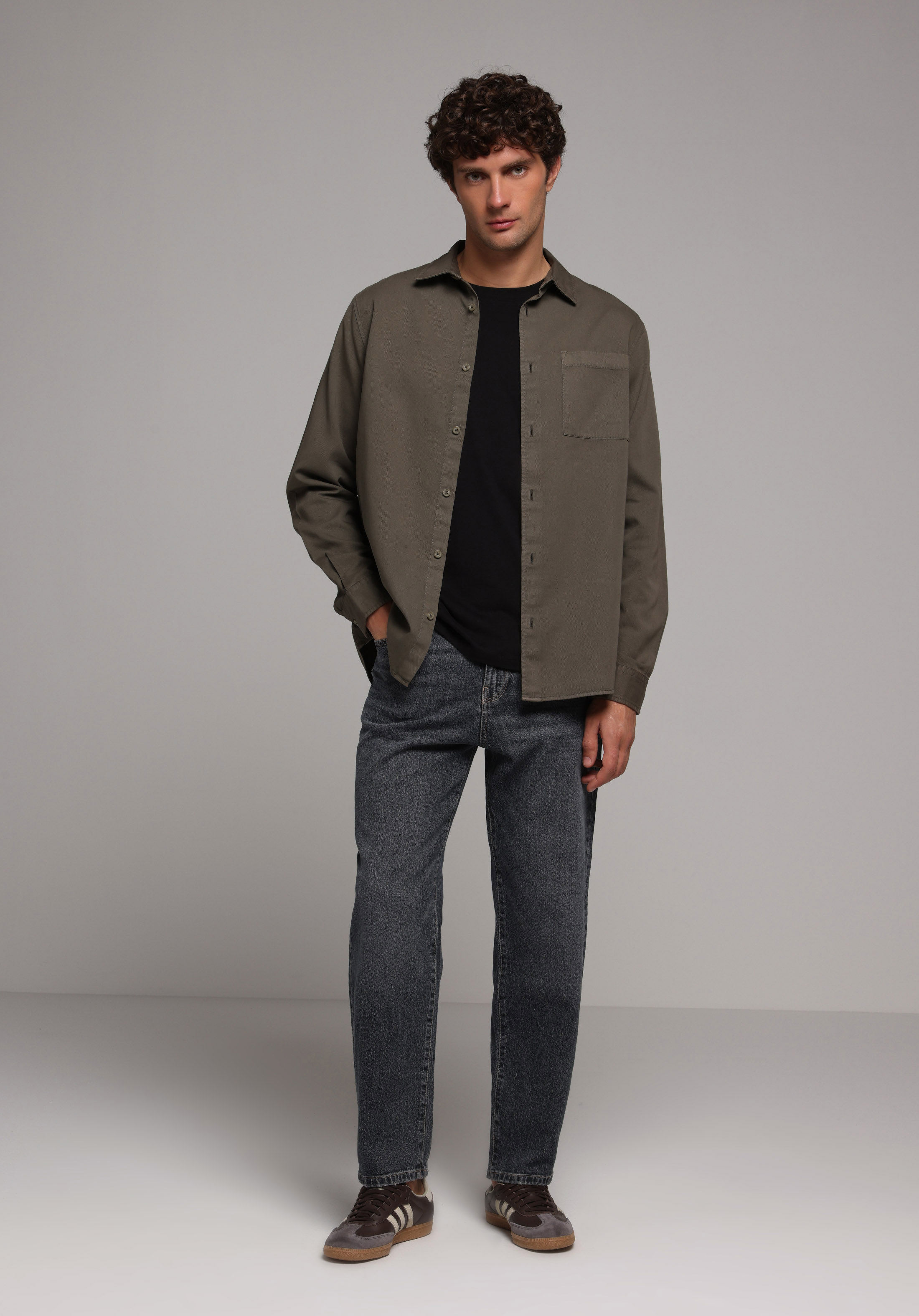 Relaxed Fit Shirt Neck Düz Erkek Yeşil Uzun Kol Gömlek