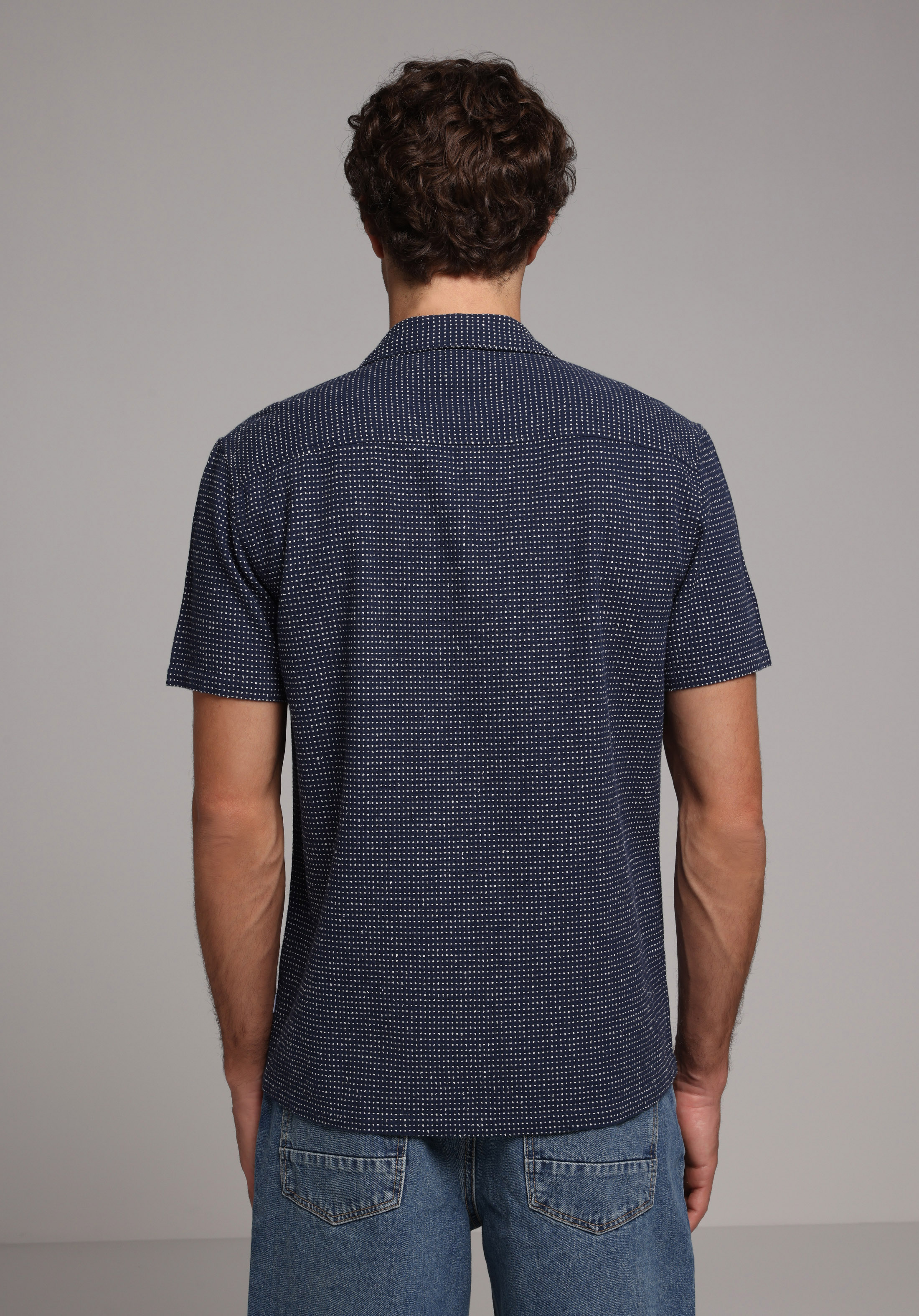 Regular Fit Shirt Neck Jakarlı Erkek Mavi Kısa Kol Gömlek