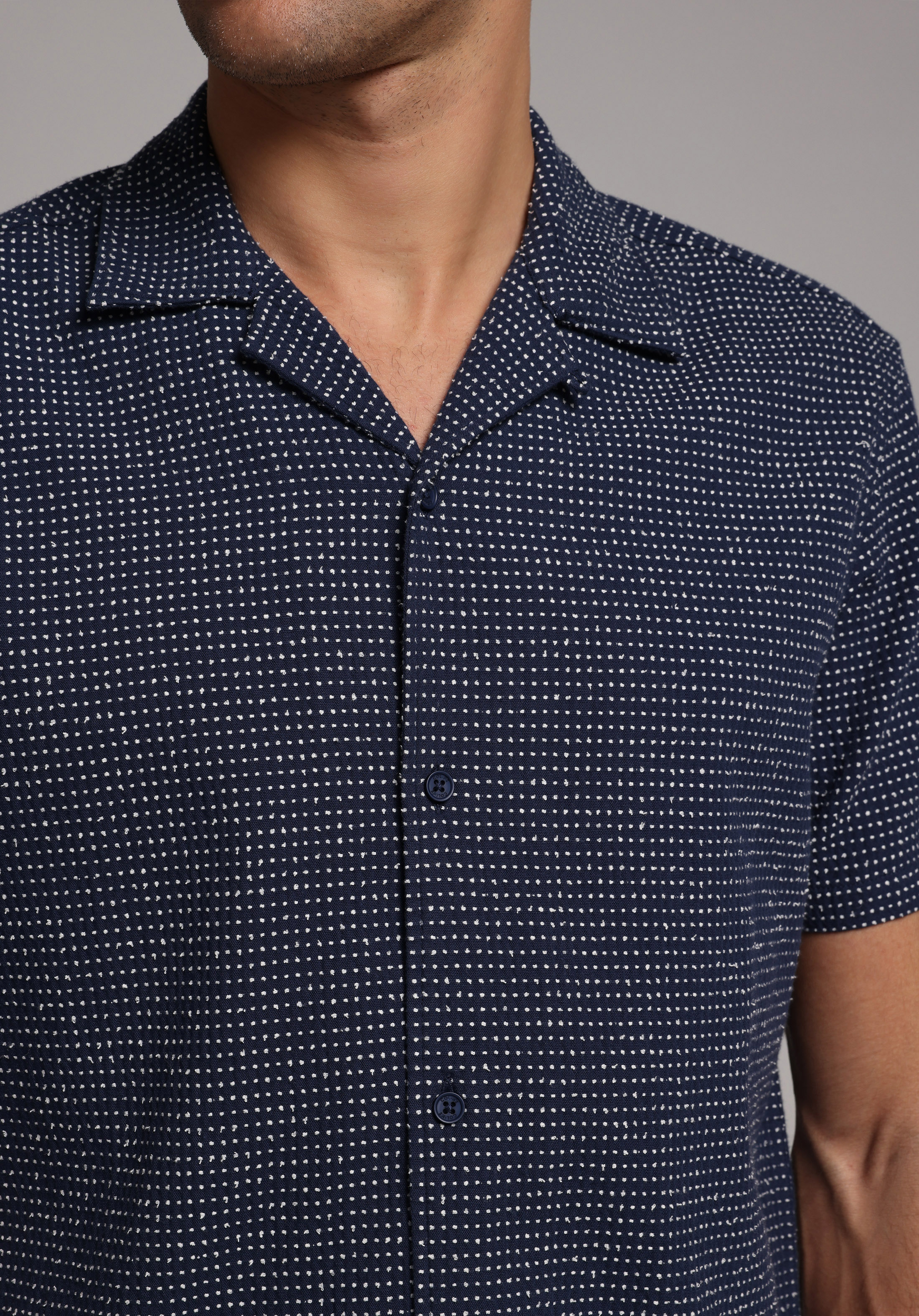 Regular Fit Shirt Neck Jakarlı Erkek Mavi Kısa Kol Gömlek