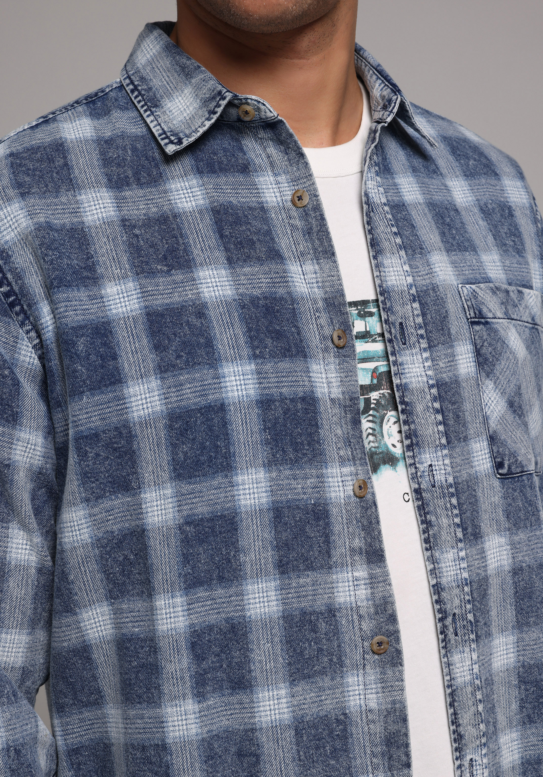 Regular Fit Shirt Neck Ekoseli Erkek Mavi Uzun Kol Gömlek