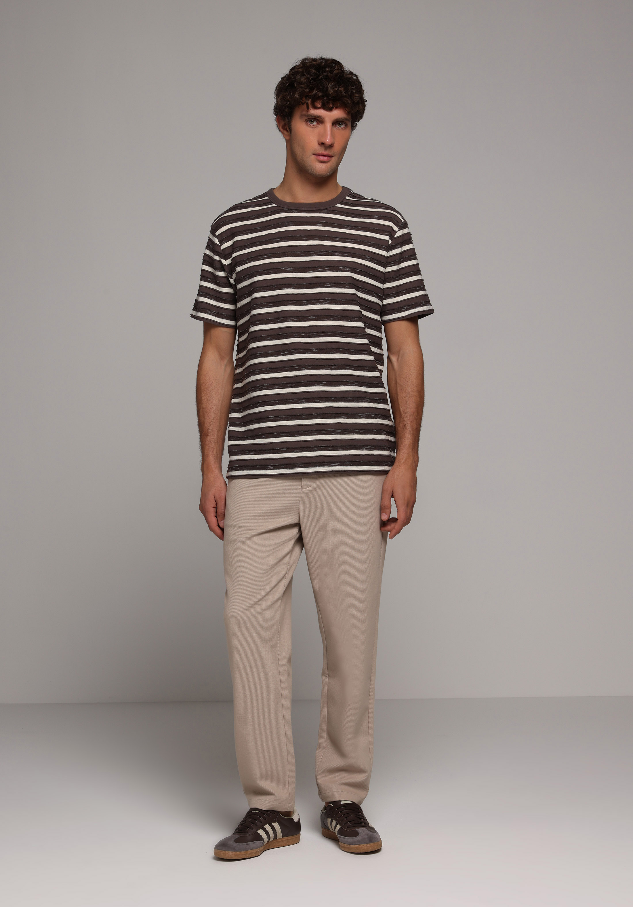 Comfort Fit Yuvarlak Yaka Çizgili Erkek Kahverengi Kısa Kol Tişört