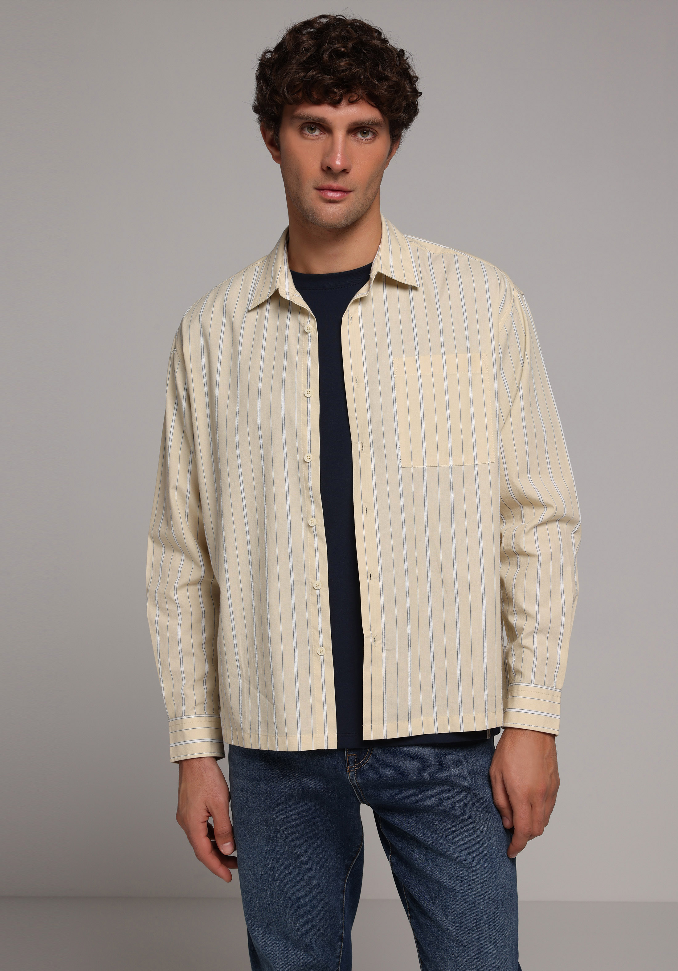 Boxy Fit Shirt Neck Çizgili Erkek Sari Uzun Kol Gömlek