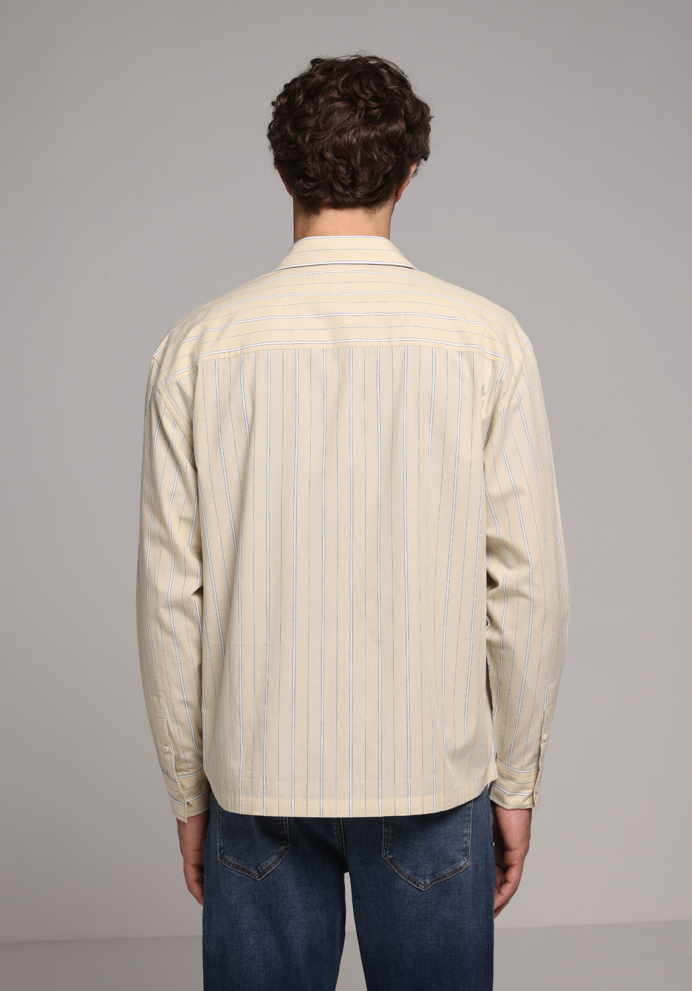 Boxy Fit Shirt Neck Çizgili Erkek Sari Uzun Kol Gömlek