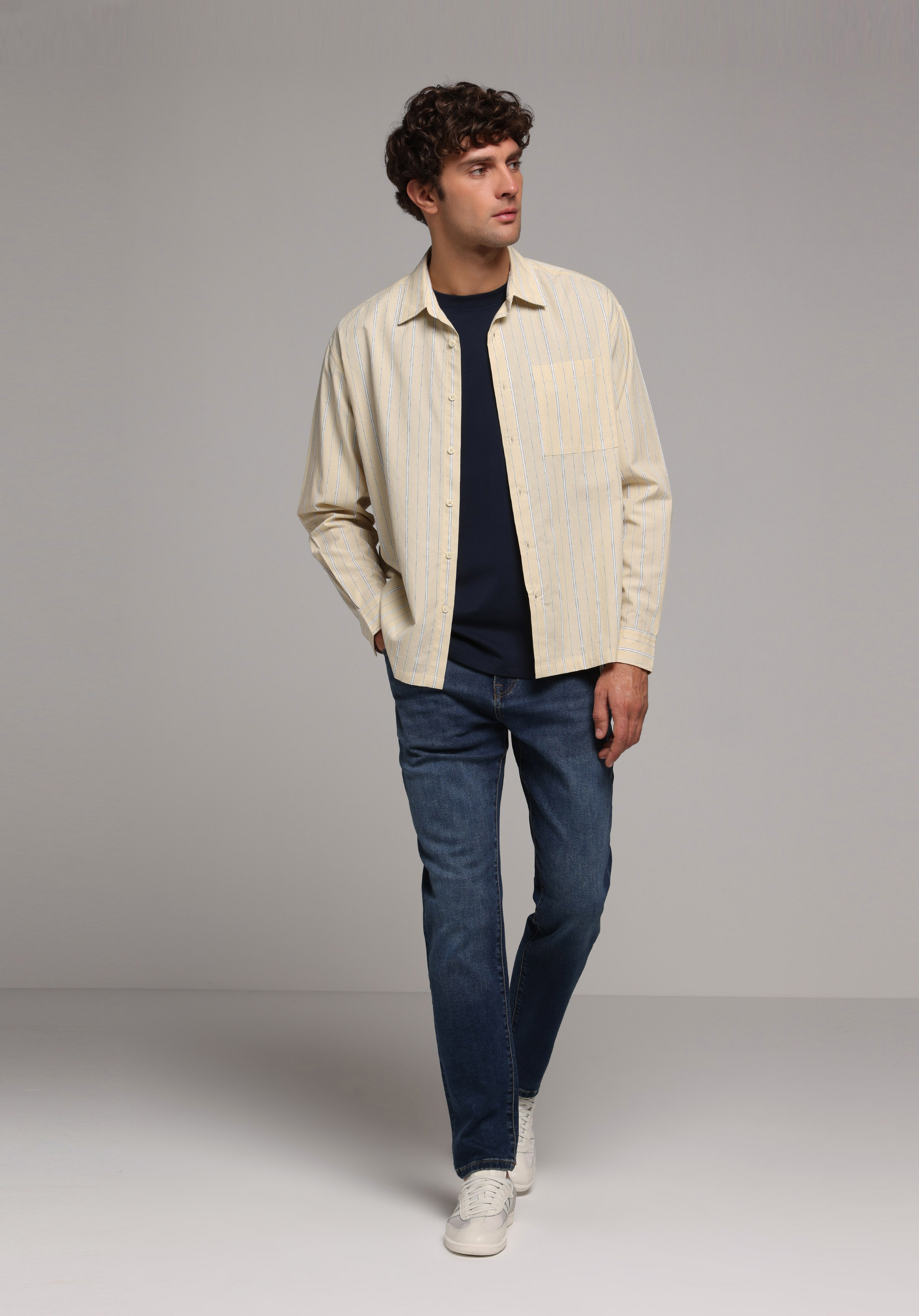 Boxy Fit Shirt Neck Çizgili Erkek Sari Uzun Kol Gömlek