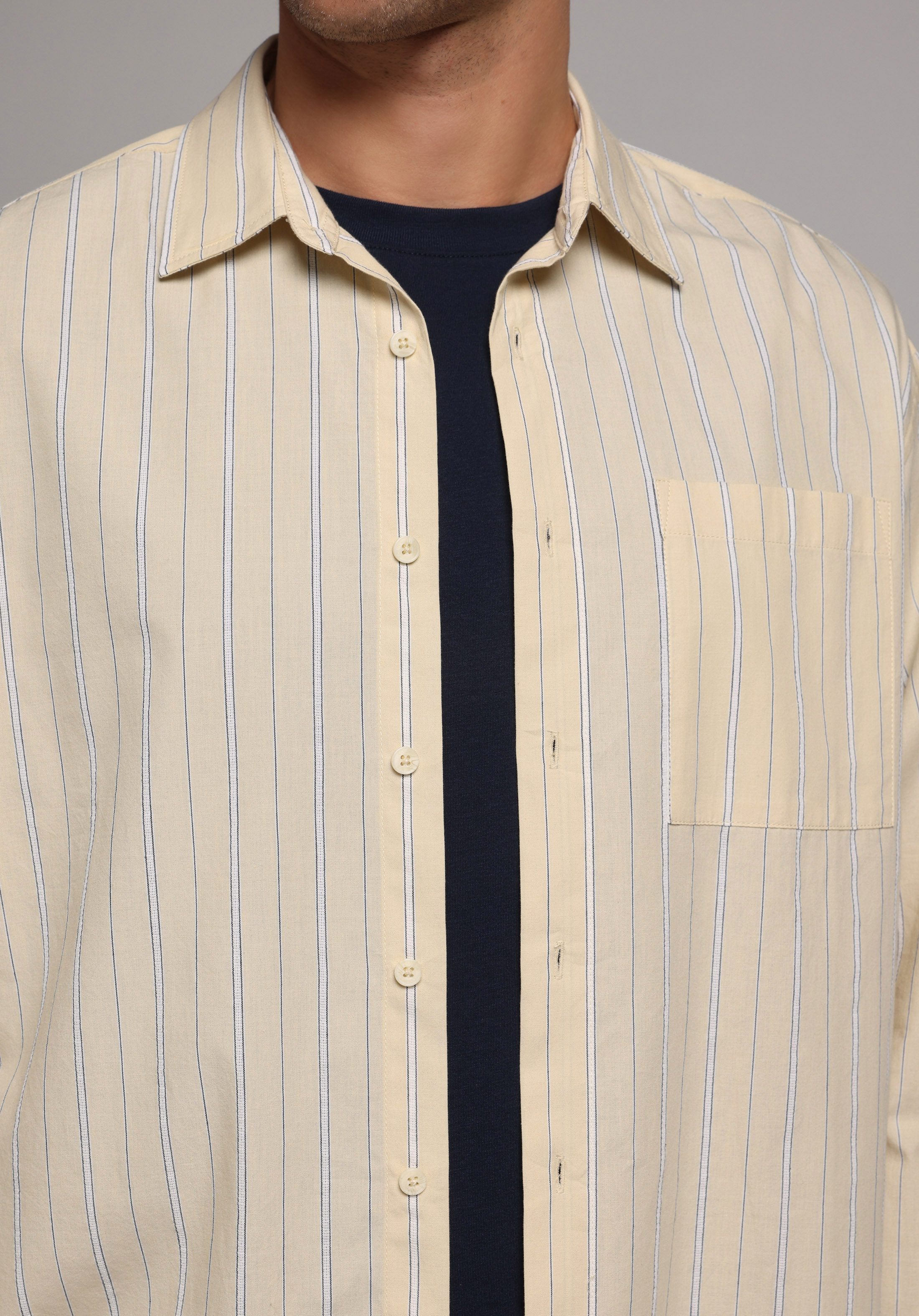 Boxy Fit Shirt Neck Çizgili Erkek Sari Uzun Kol Gömlek