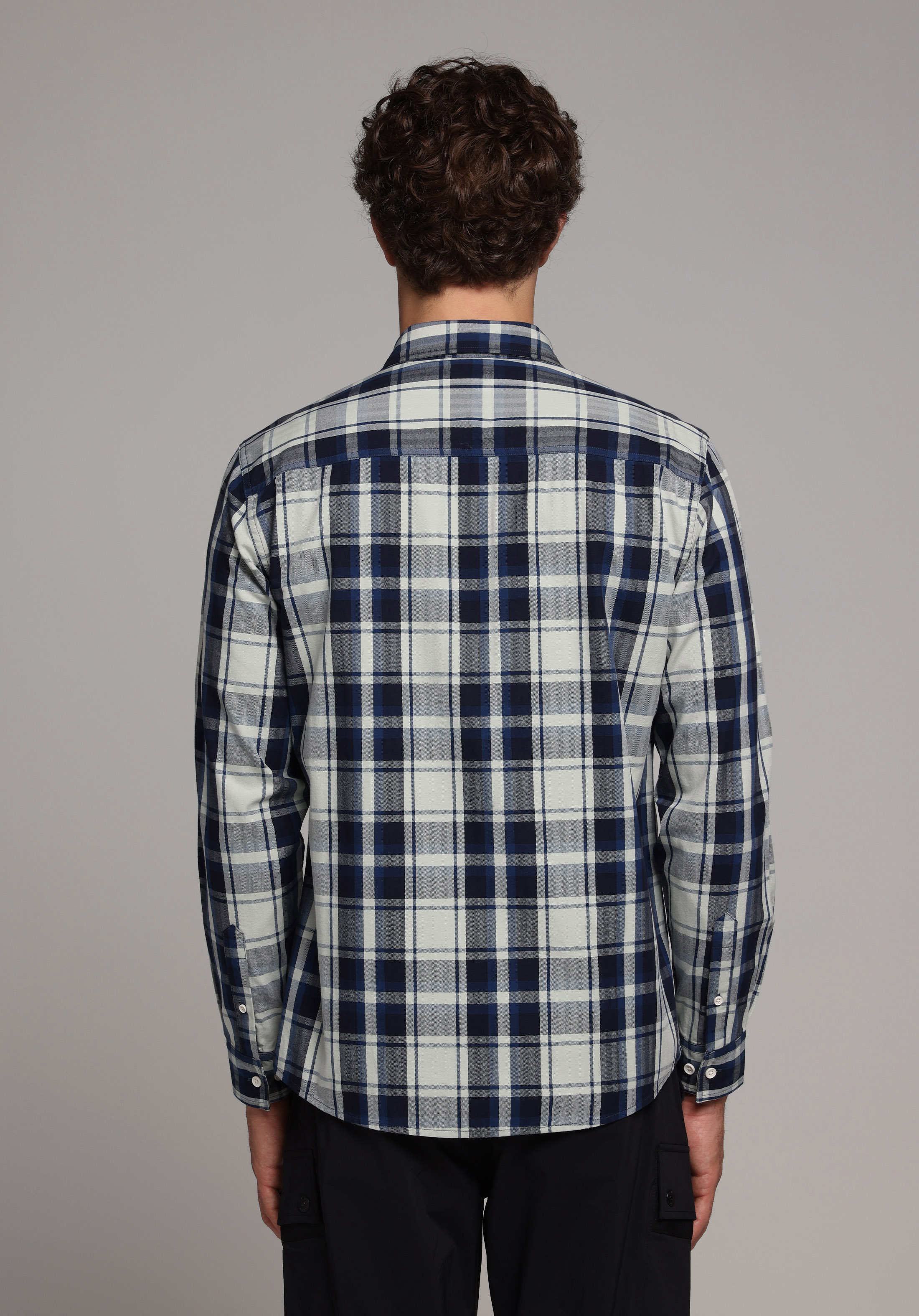 Regular Fit Shirt Neck Ekoseli Erkek Lacivert Uzun Kol Gömlek