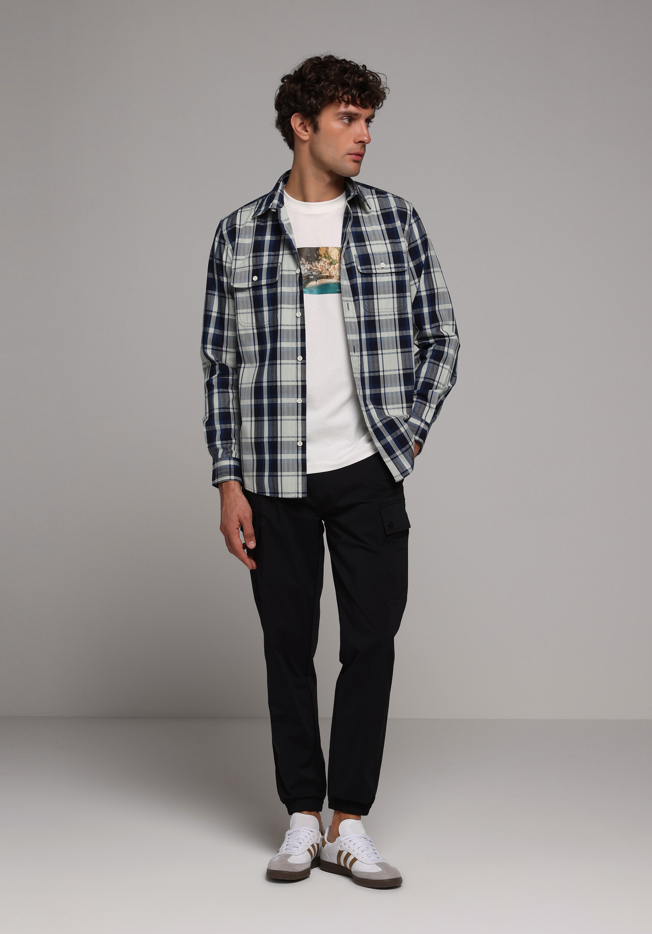 Regular Fit Shirt Neck Ekoseli Erkek Lacivert Uzun Kol Gömlek