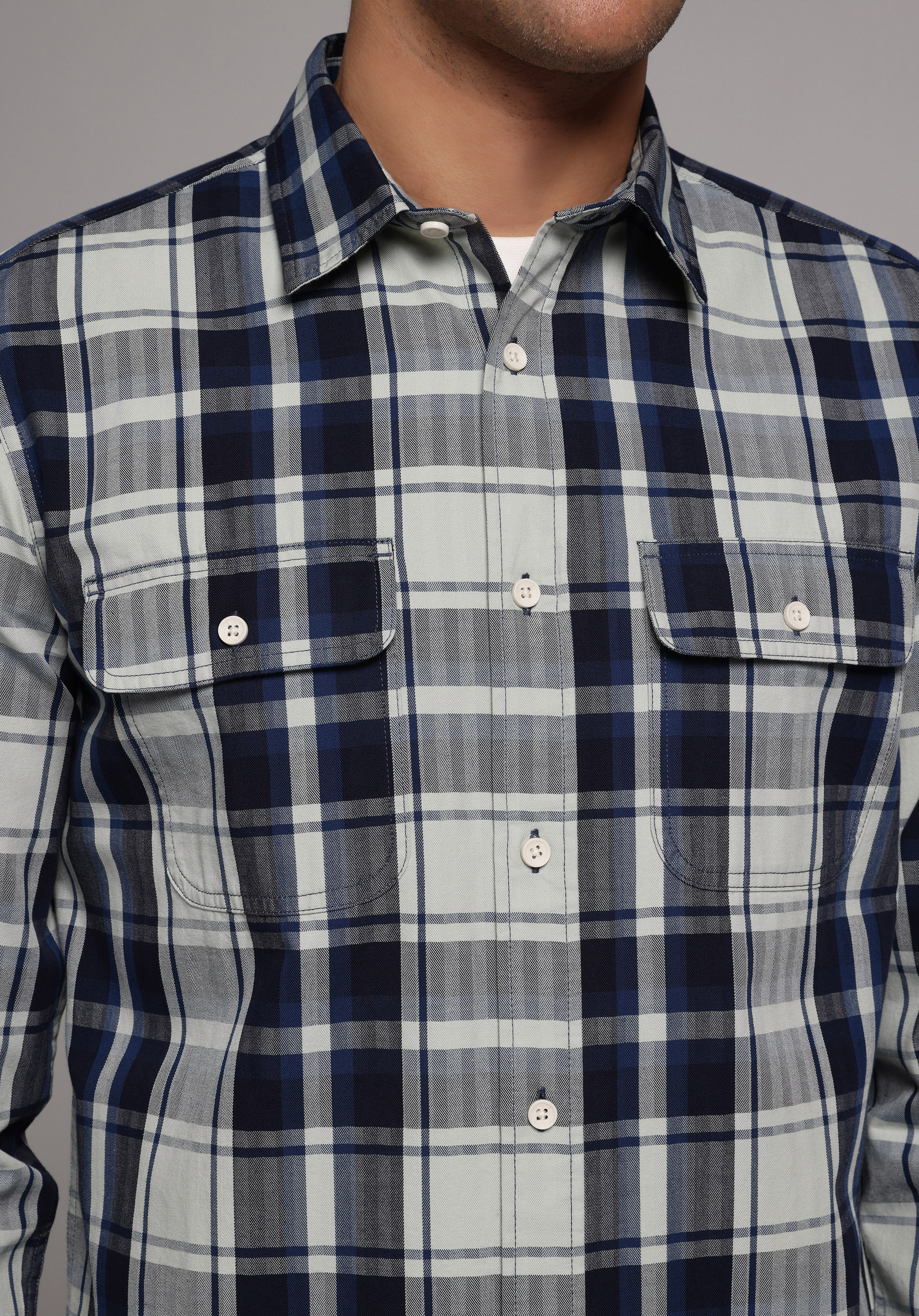 Regular Fit Shirt Neck Ekoseli Erkek Lacivert Uzun Kol Gömlek