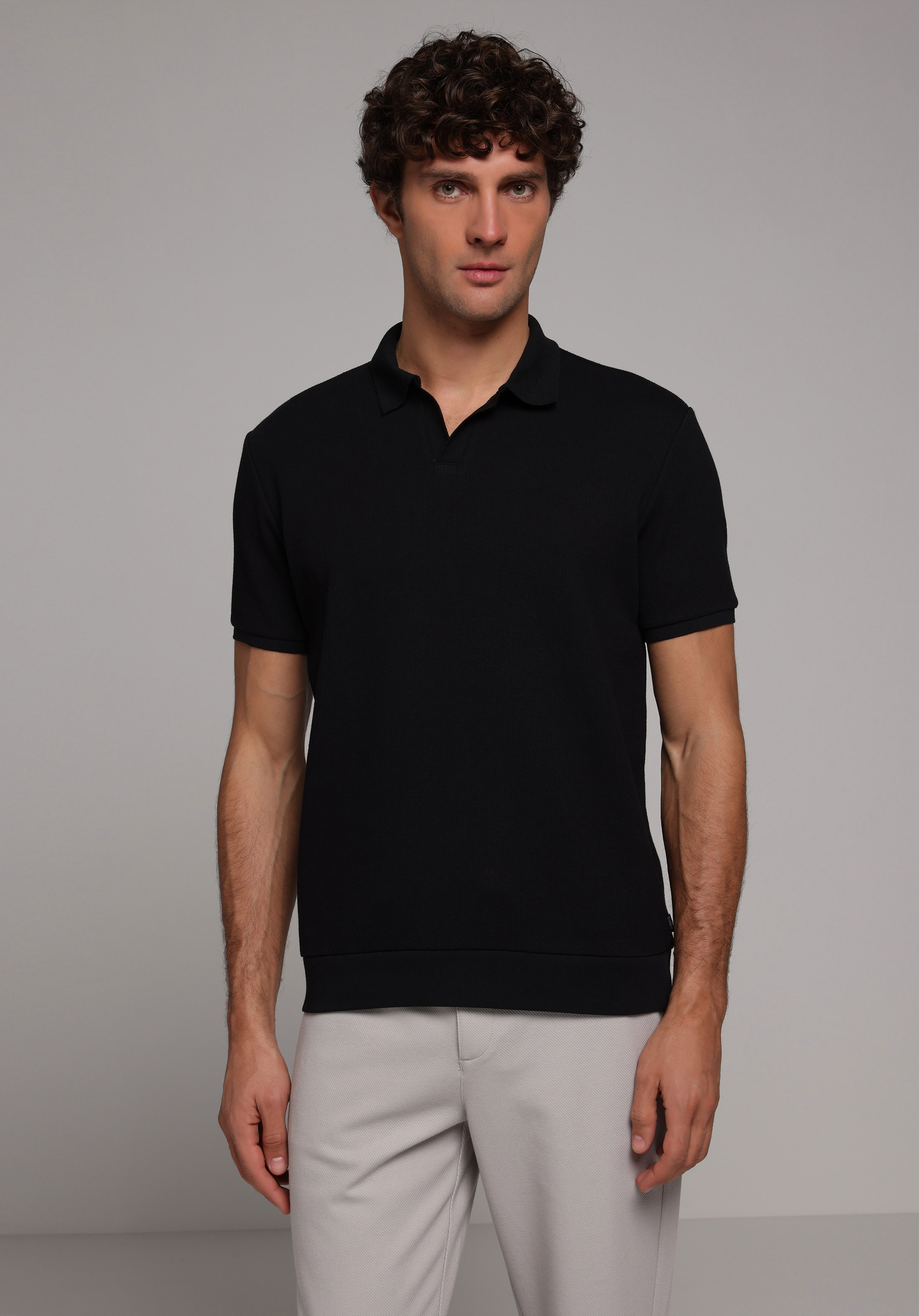 Regular Fit Polo Yaka Düz Erkek Siyah Kısa Kol Tişört