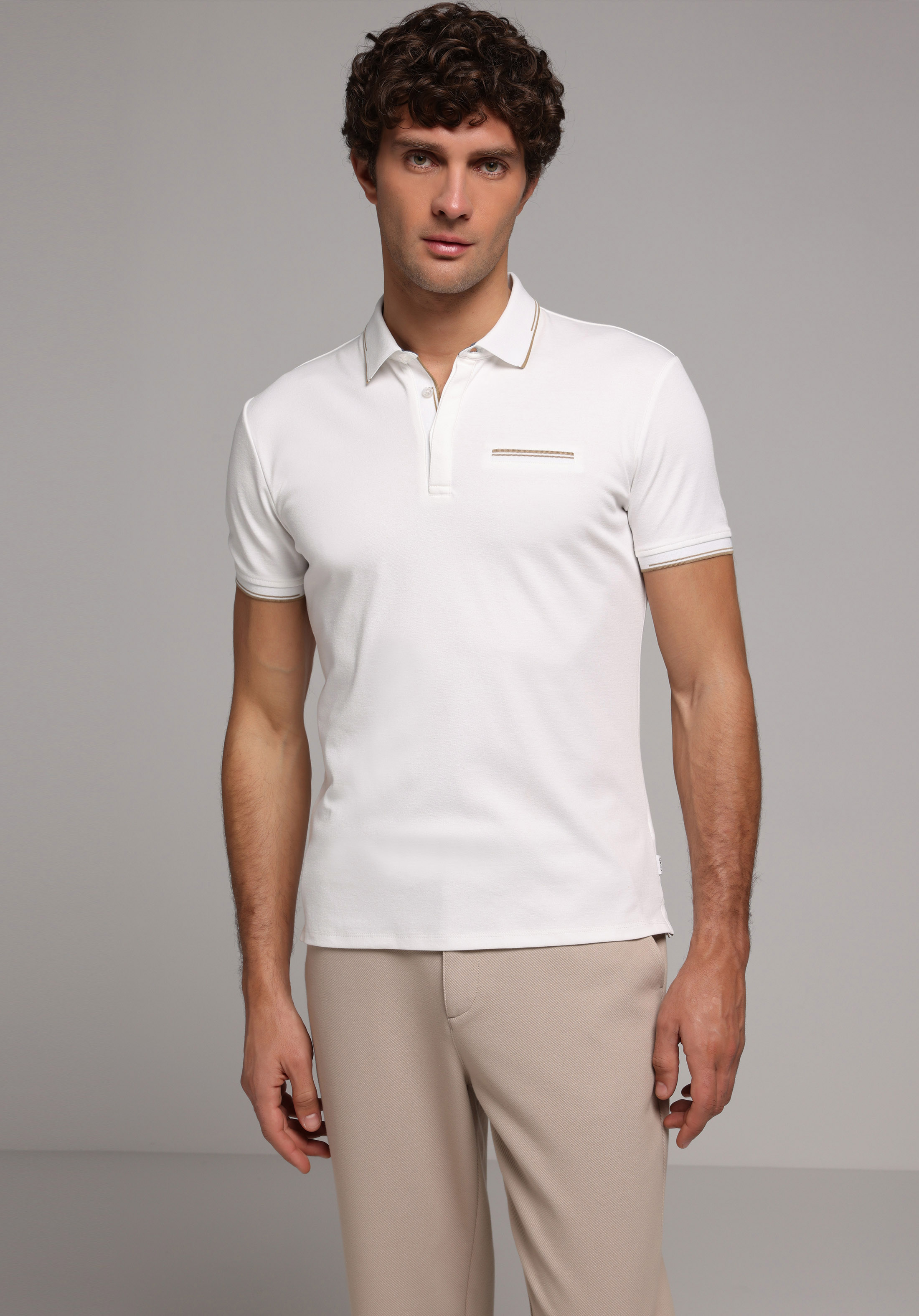 Slim Fit Polo Yaka Düz Erkek Beyaz Kısa Kol Tişört