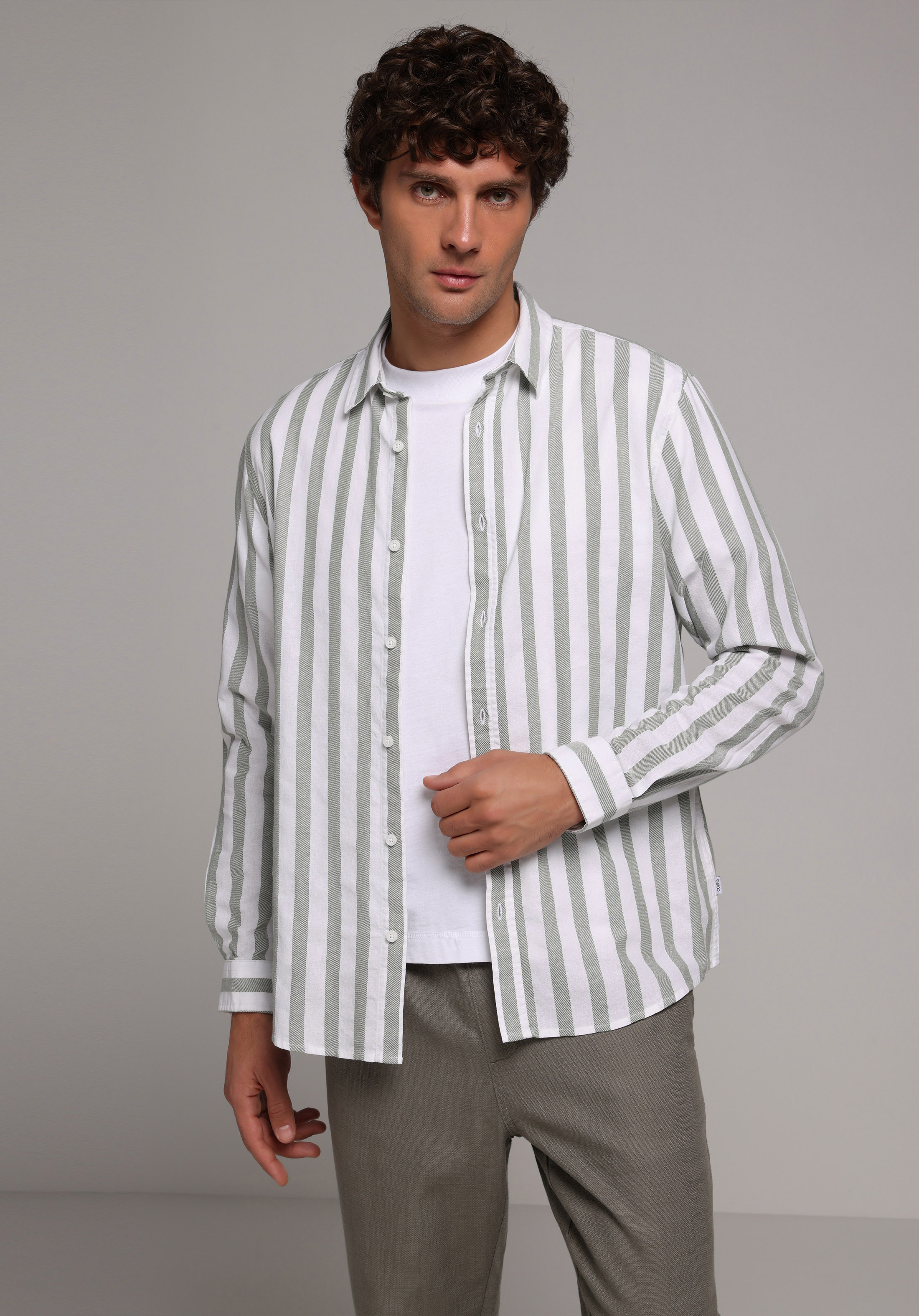 Regular Fit Shirt Neck Çizgili Erkek Yeşil Uzun Kol Gömlek