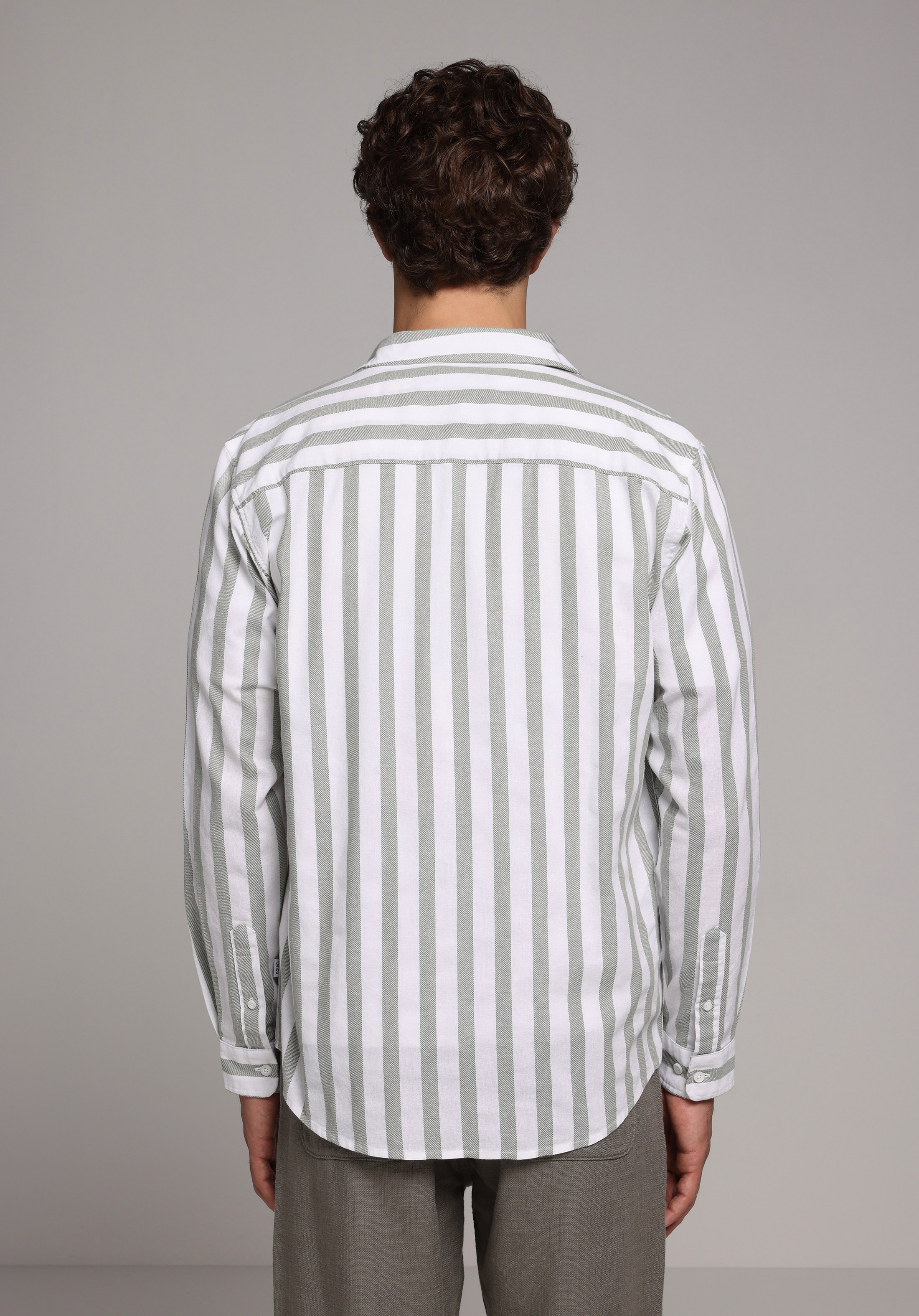 Regular Fit Shirt Neck Çizgili Erkek Yeşil Uzun Kol Gömlek