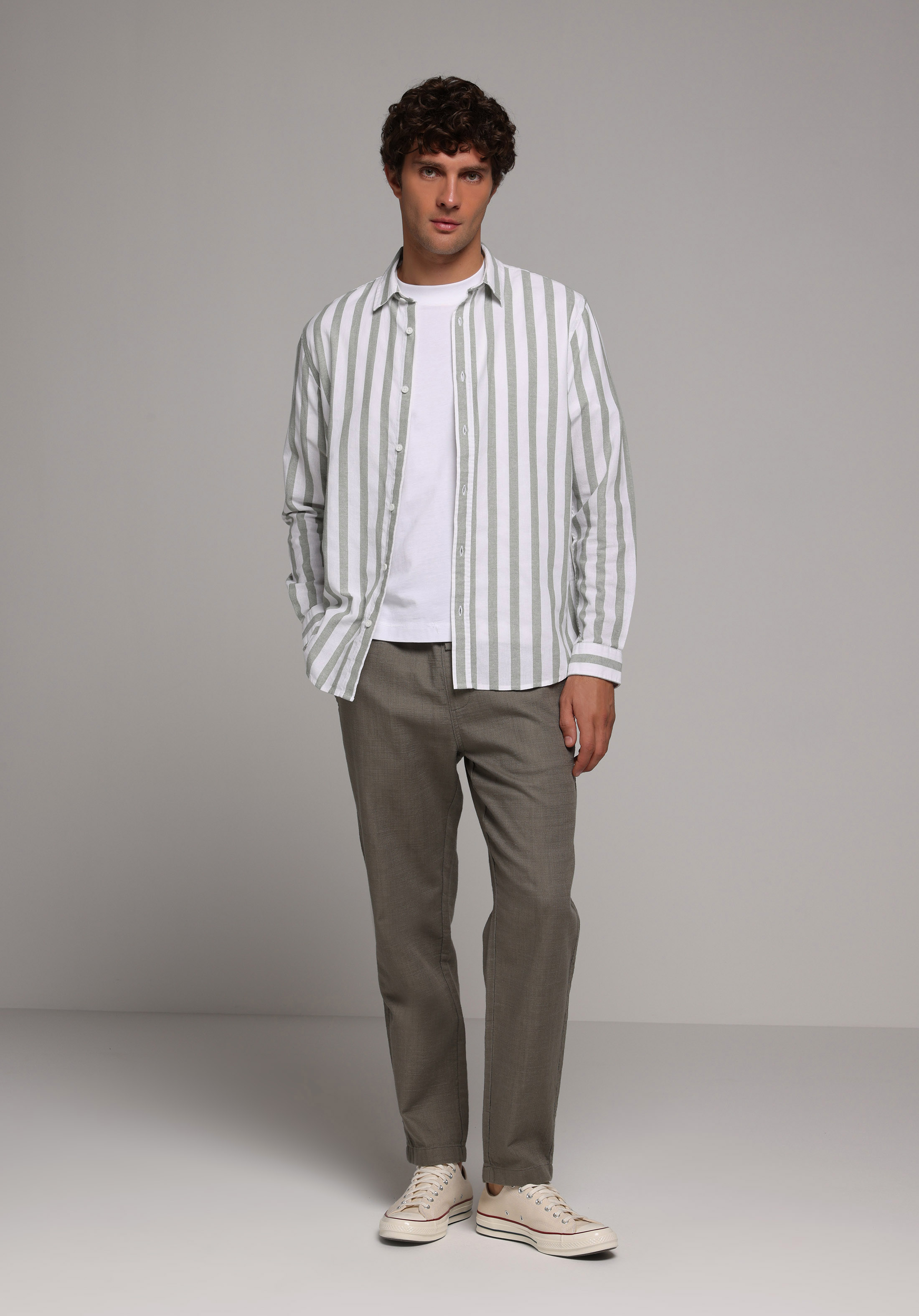 Regular Fit Shirt Neck Çizgili Erkek Yeşil Uzun Kol Gömlek