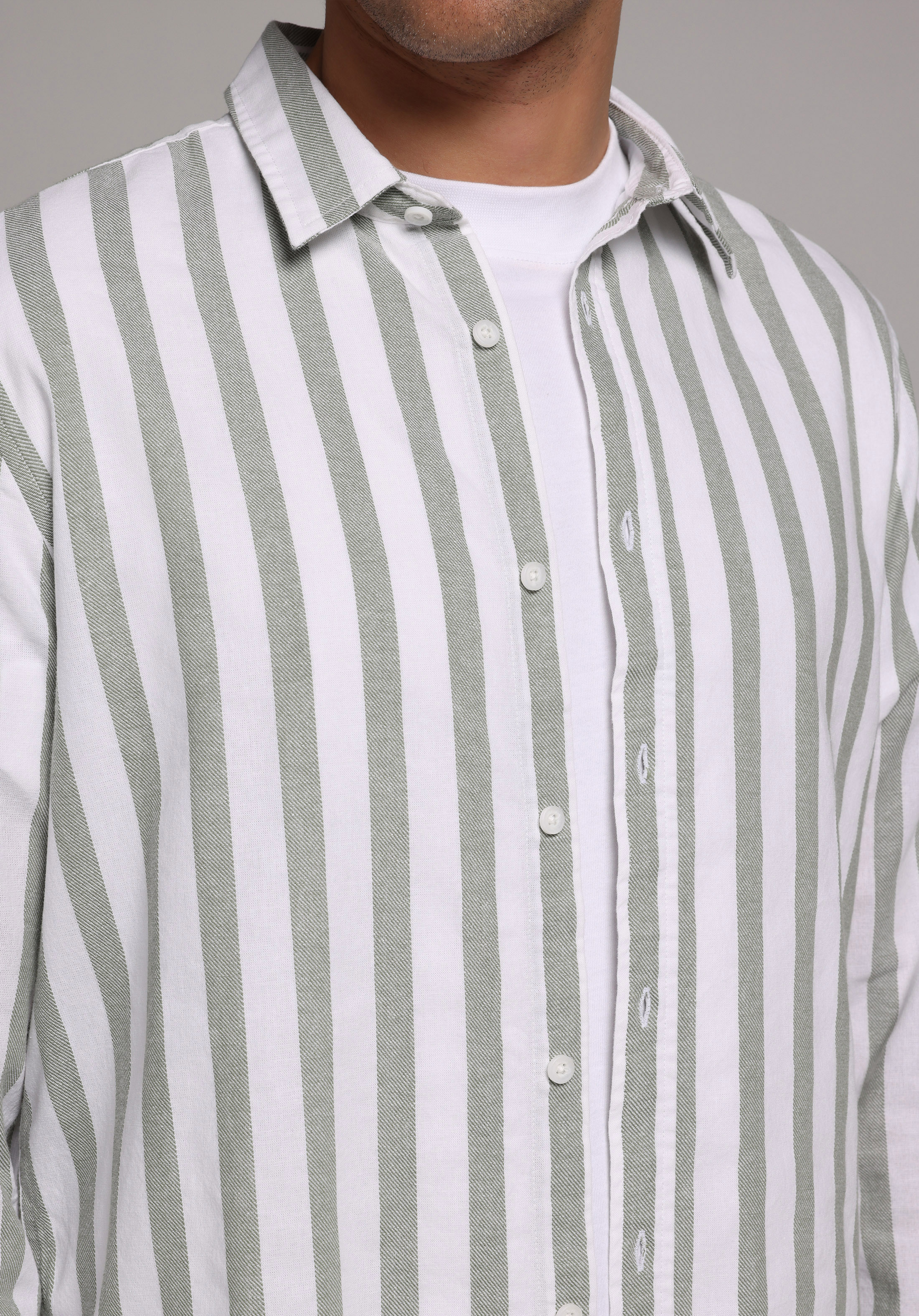 Regular Fit Shirt Neck Çizgili Erkek Yeşil Uzun Kol Gömlek