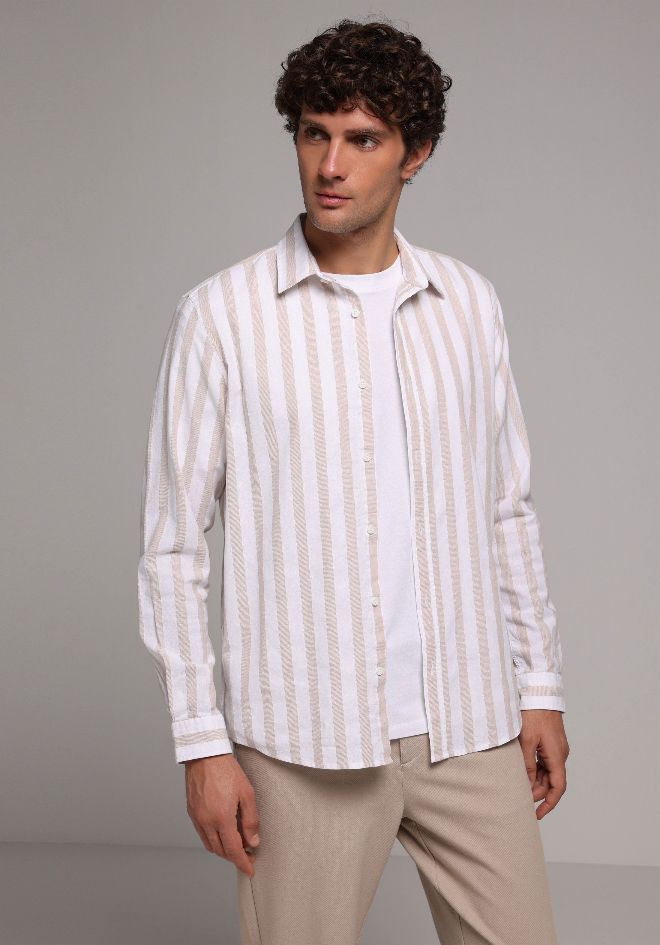 Regular Fit Shirt Neck Çizgili Erkek Bej Uzun Kol Gömlek