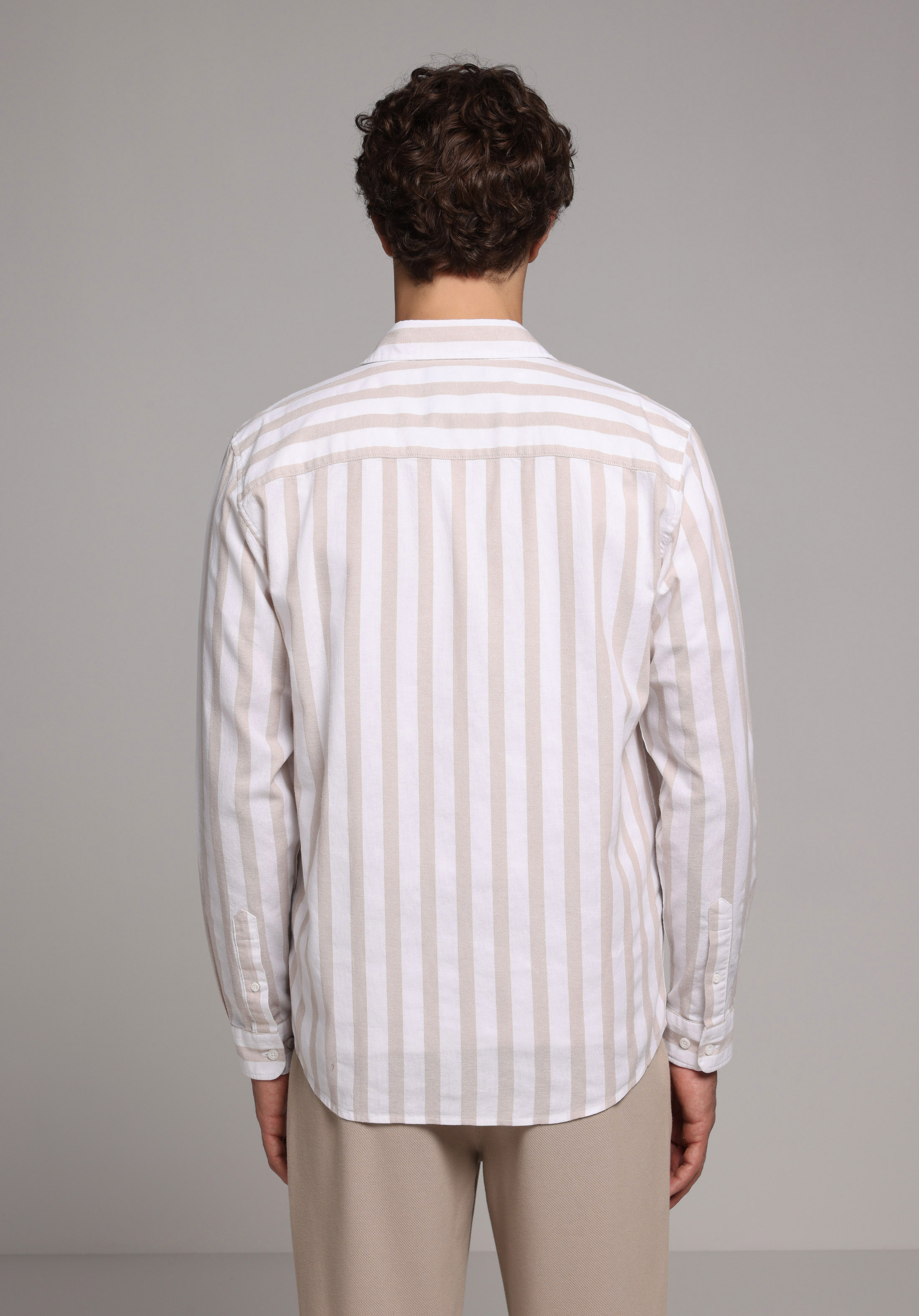 Regular Fit Shirt Neck Çizgili Erkek Bej Uzun Kol Gömlek