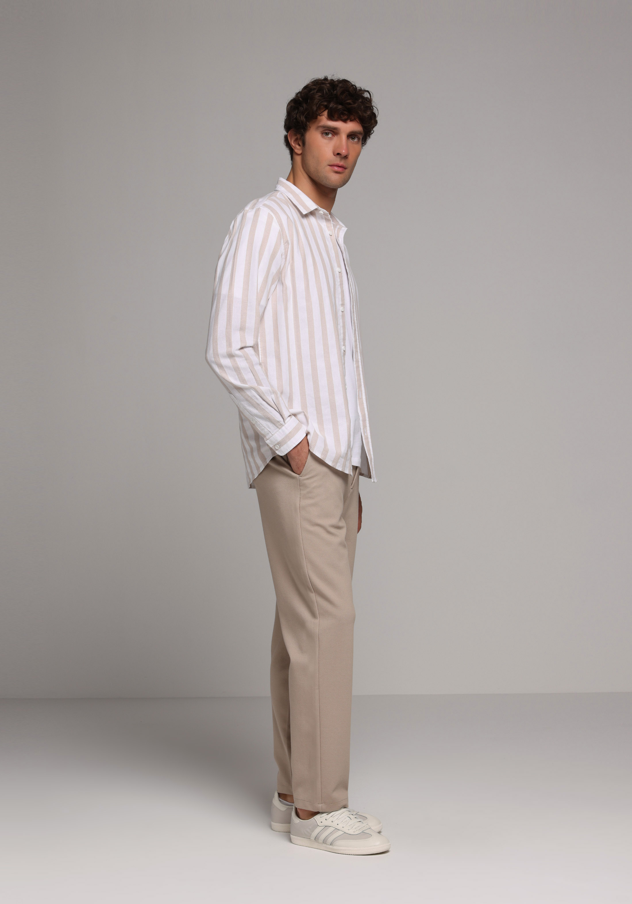 Regular Fit Shirt Neck Çizgili Erkek Bej Uzun Kol Gömlek