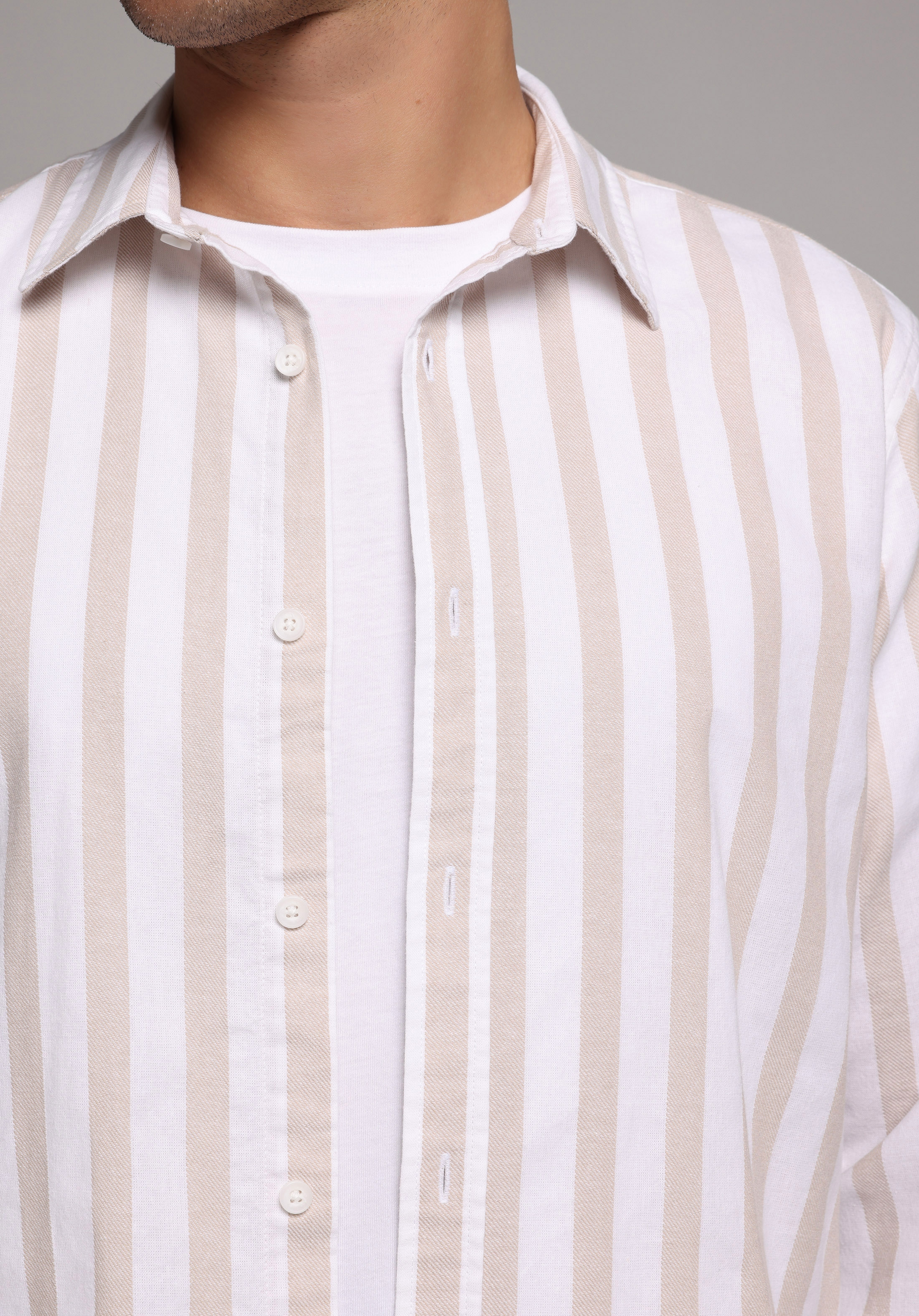 Regular Fit Shirt Neck Çizgili Erkek Bej Uzun Kol Gömlek