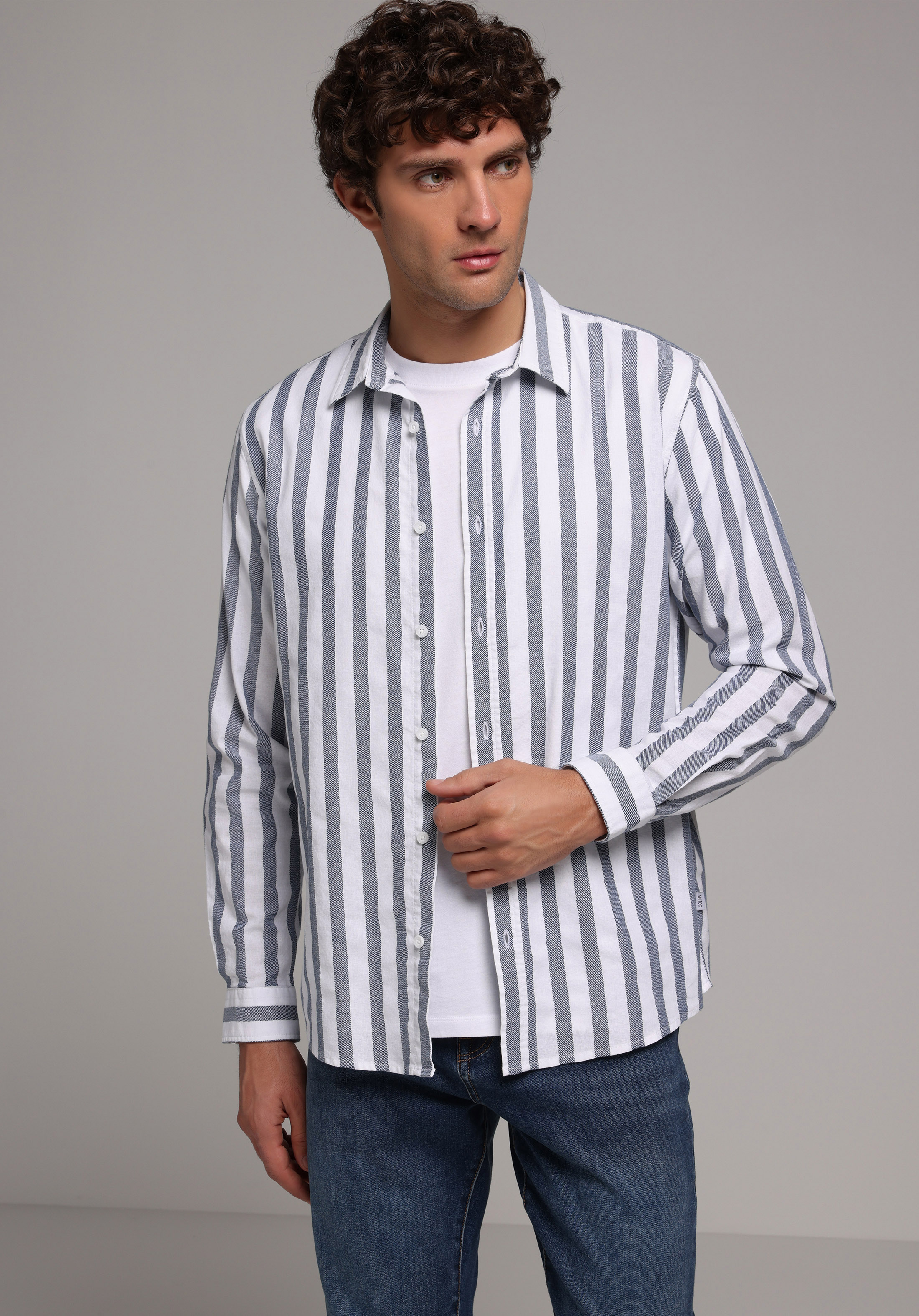 Regular Fit Shirt Neck Çizgili Erkek Mavi Uzun Kol Gömlek