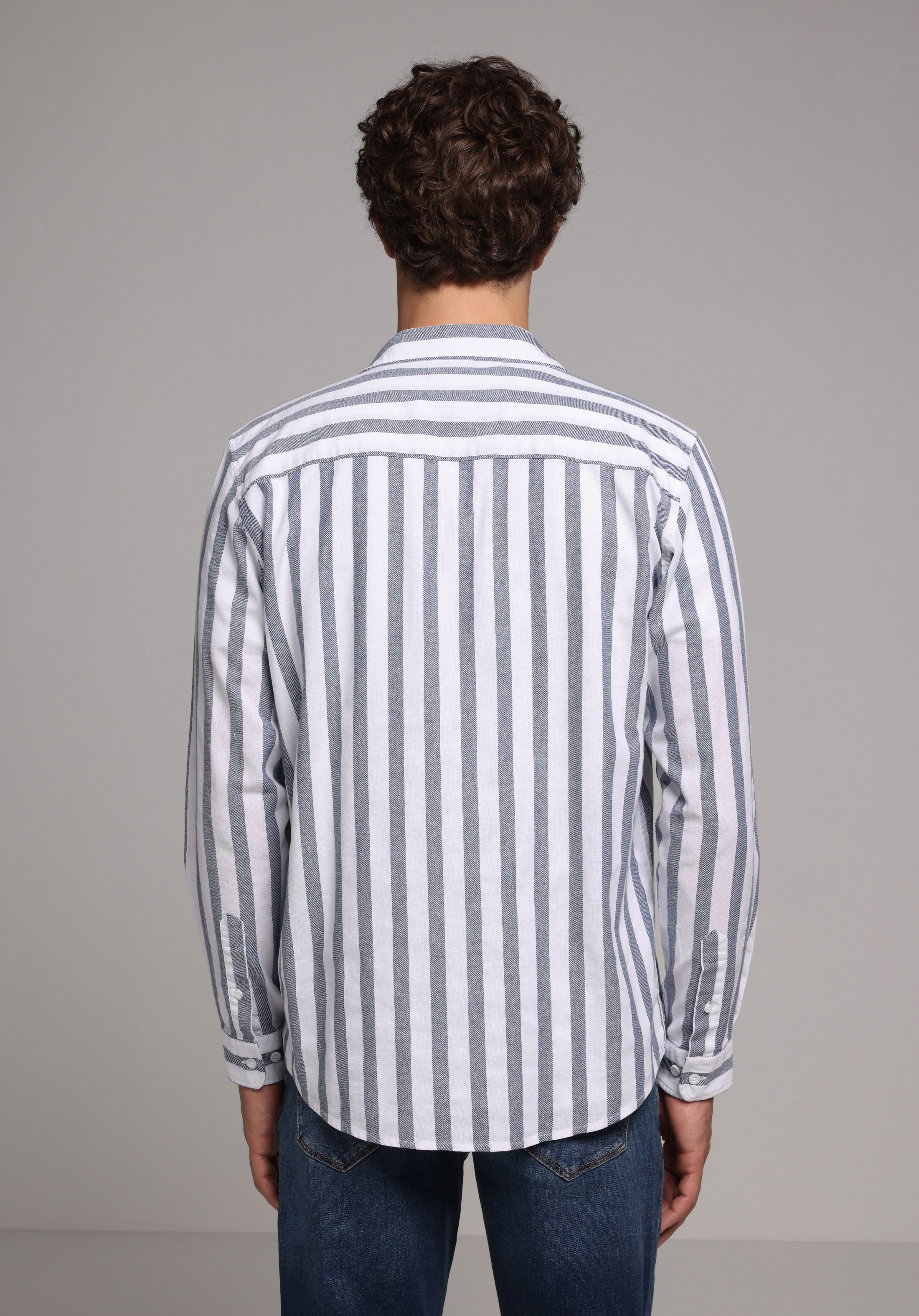 Regular Fit Shirt Neck Çizgili Erkek Mavi Uzun Kol Gömlek