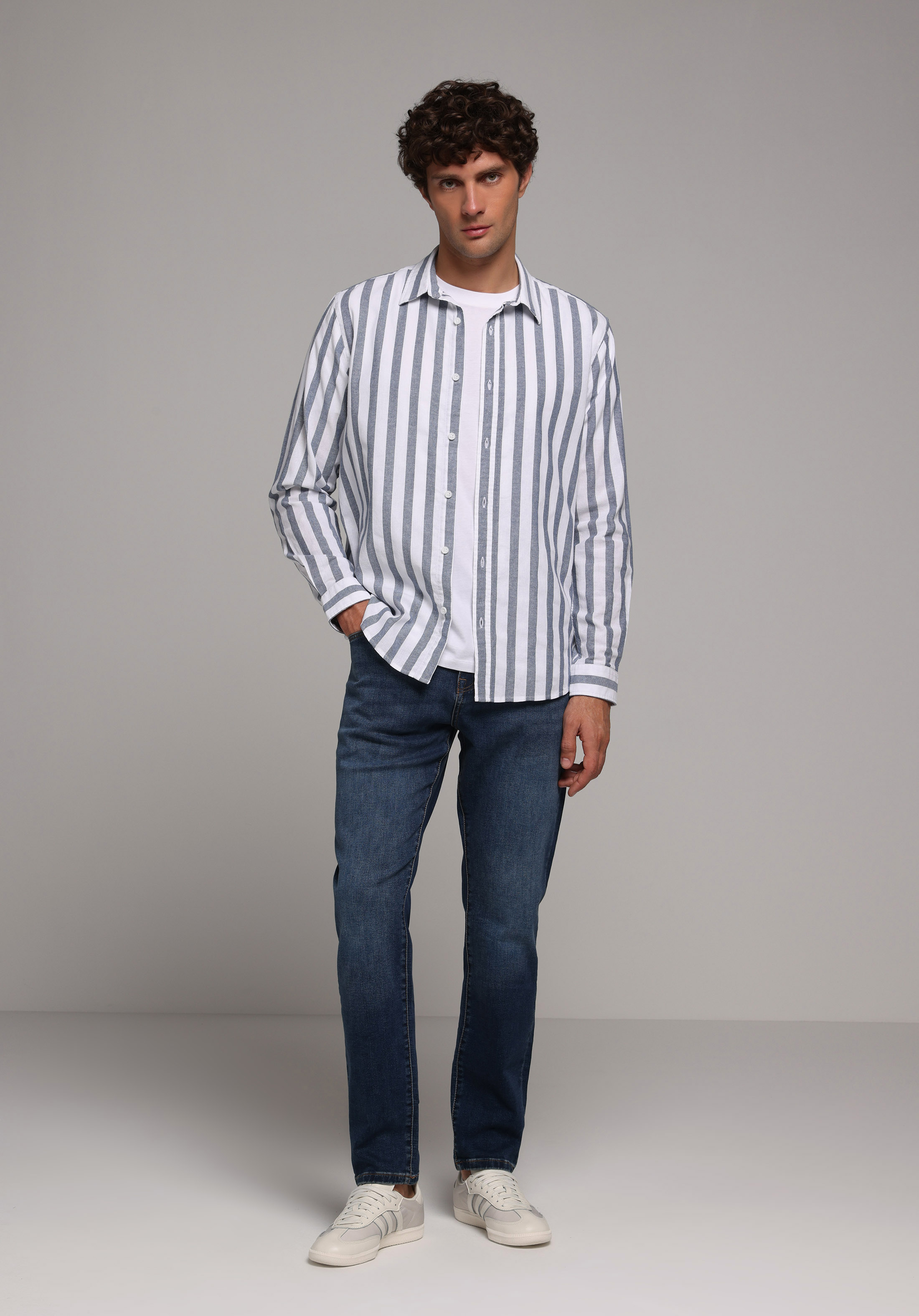 Regular Fit Shirt Neck Çizgili Erkek Mavi Uzun Kol Gömlek