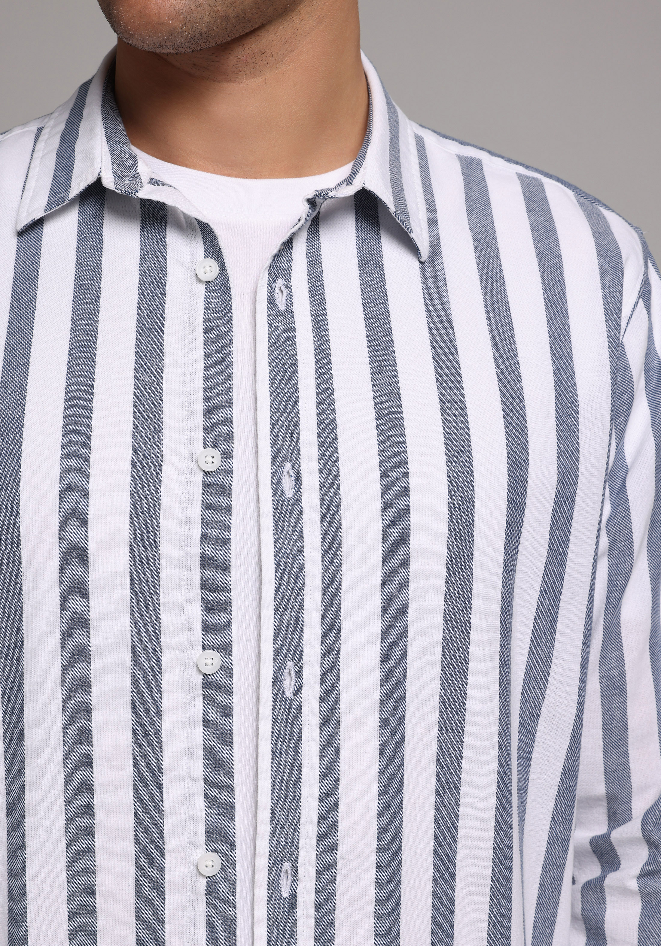 Regular Fit Shirt Neck Çizgili Erkek Mavi Uzun Kol Gömlek