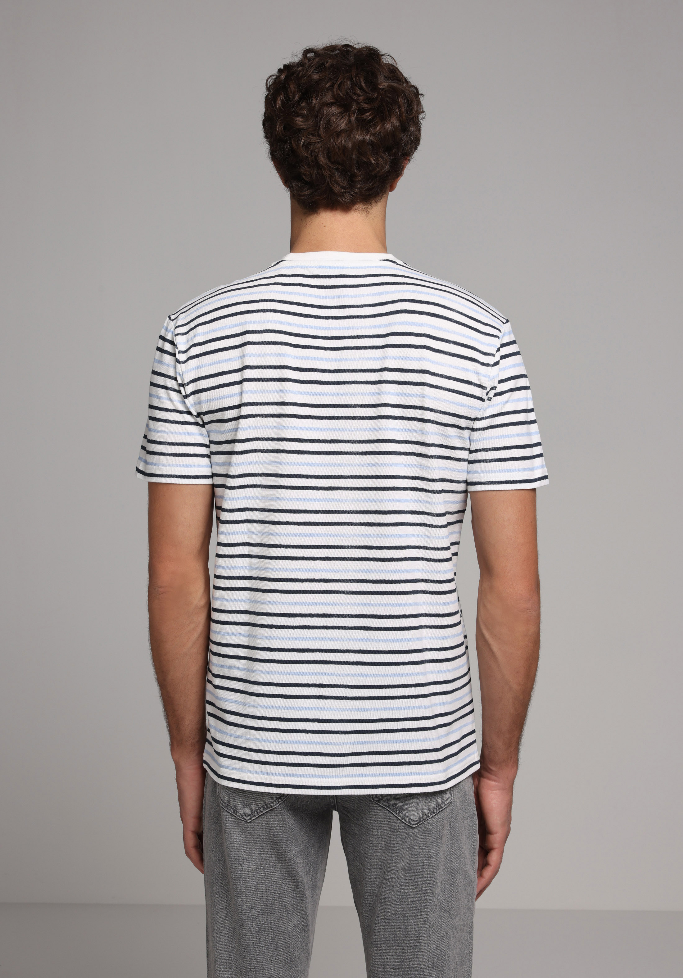 Regular Fit Yuvarlak Yaka Çizgili Erkek Mavi Kısa Kol Tişört