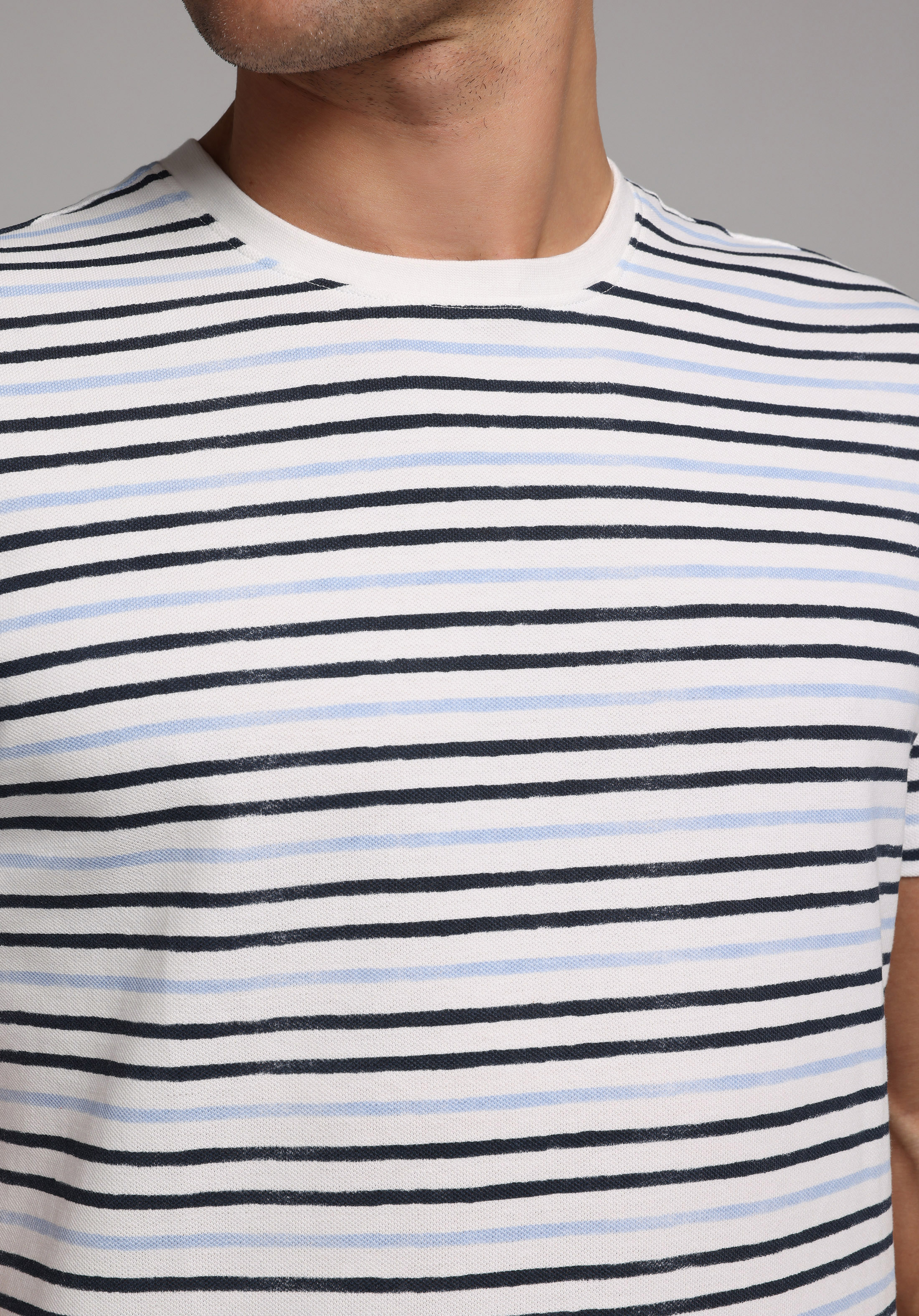 Regular Fit Yuvarlak Yaka Çizgili Erkek Mavi Kısa Kol Tişört