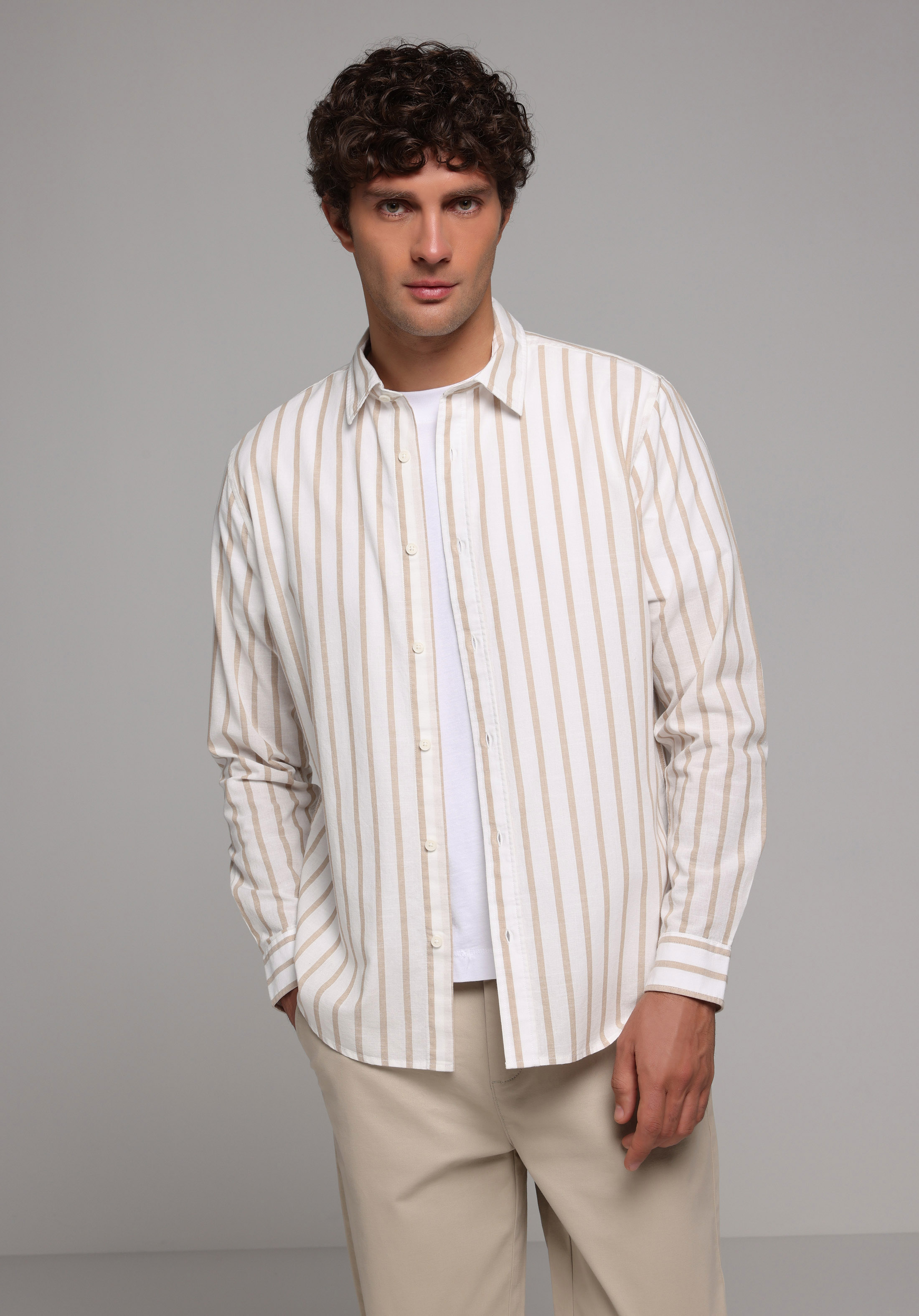 Regular Fit Shirt Neck Çizgili Erkek Bej Uzun Kol Gömlek