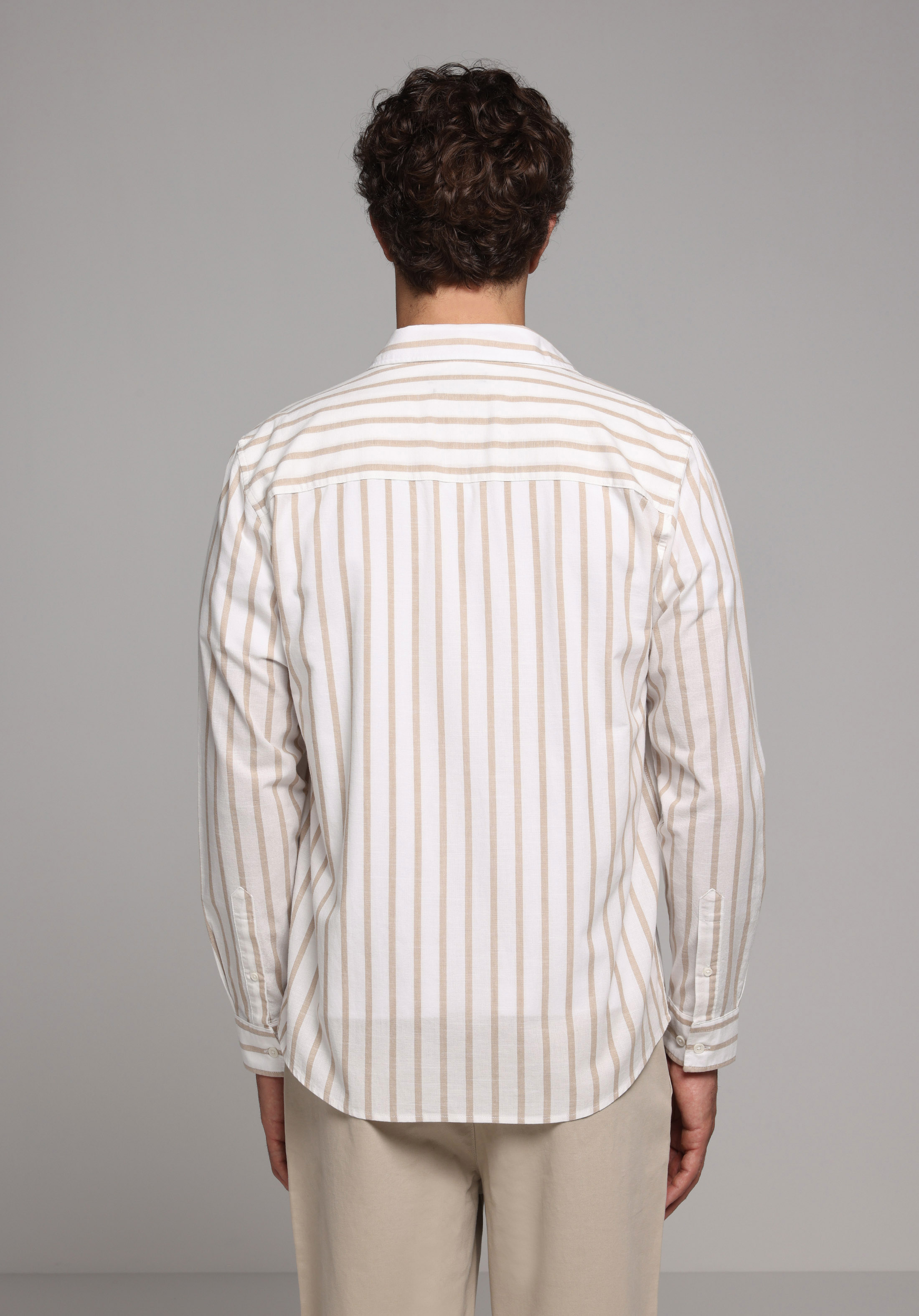 Regular Fit Shirt Neck Çizgili Erkek Bej Uzun Kol Gömlek