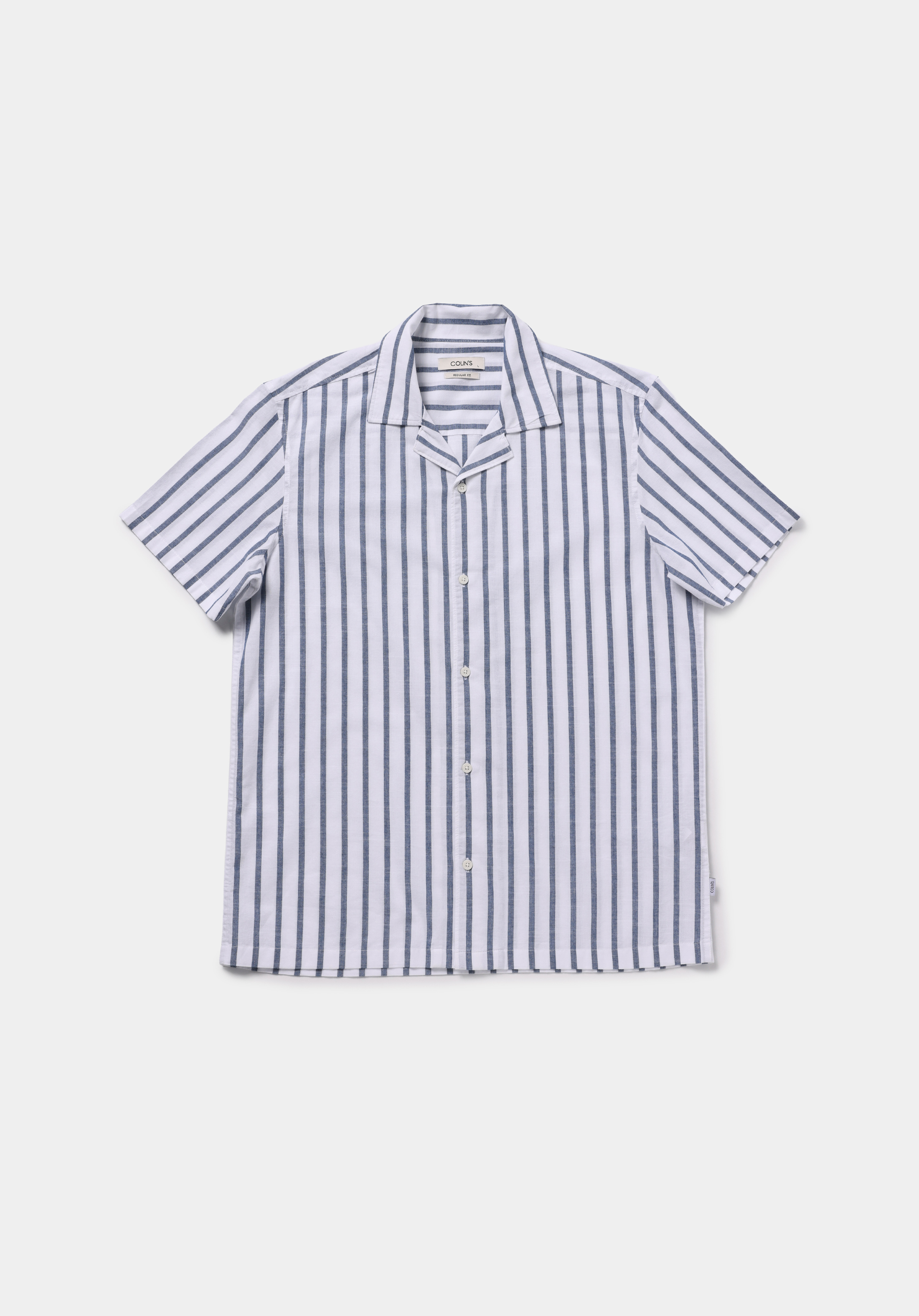 Regular Fit Shirt Neck Çizgili Erkek Mavi Kısa Kol Gömlek