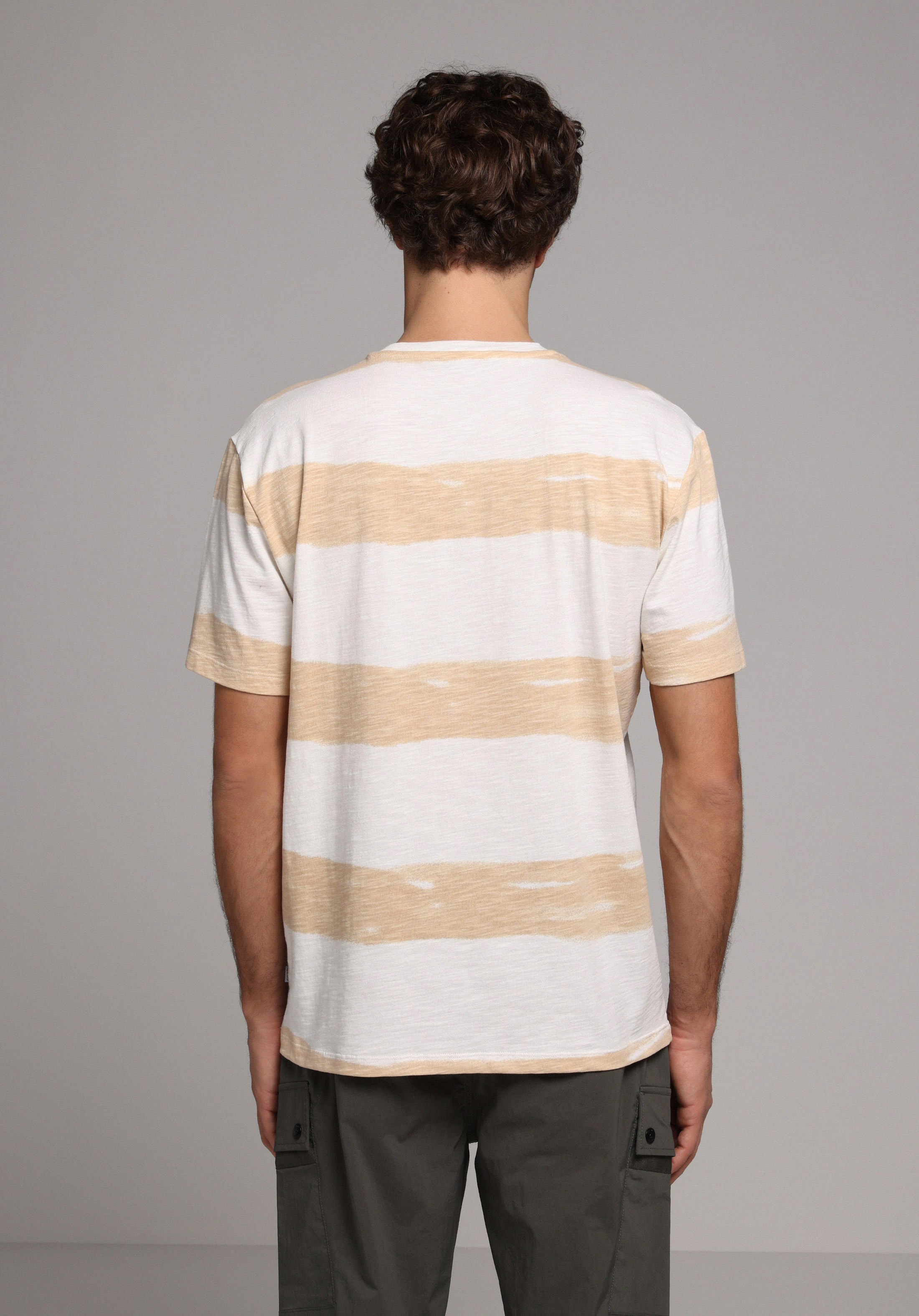 Comfort Fit Yuvarlak Yaka Çizgili Erkek Bej Kısa Kol Tişört