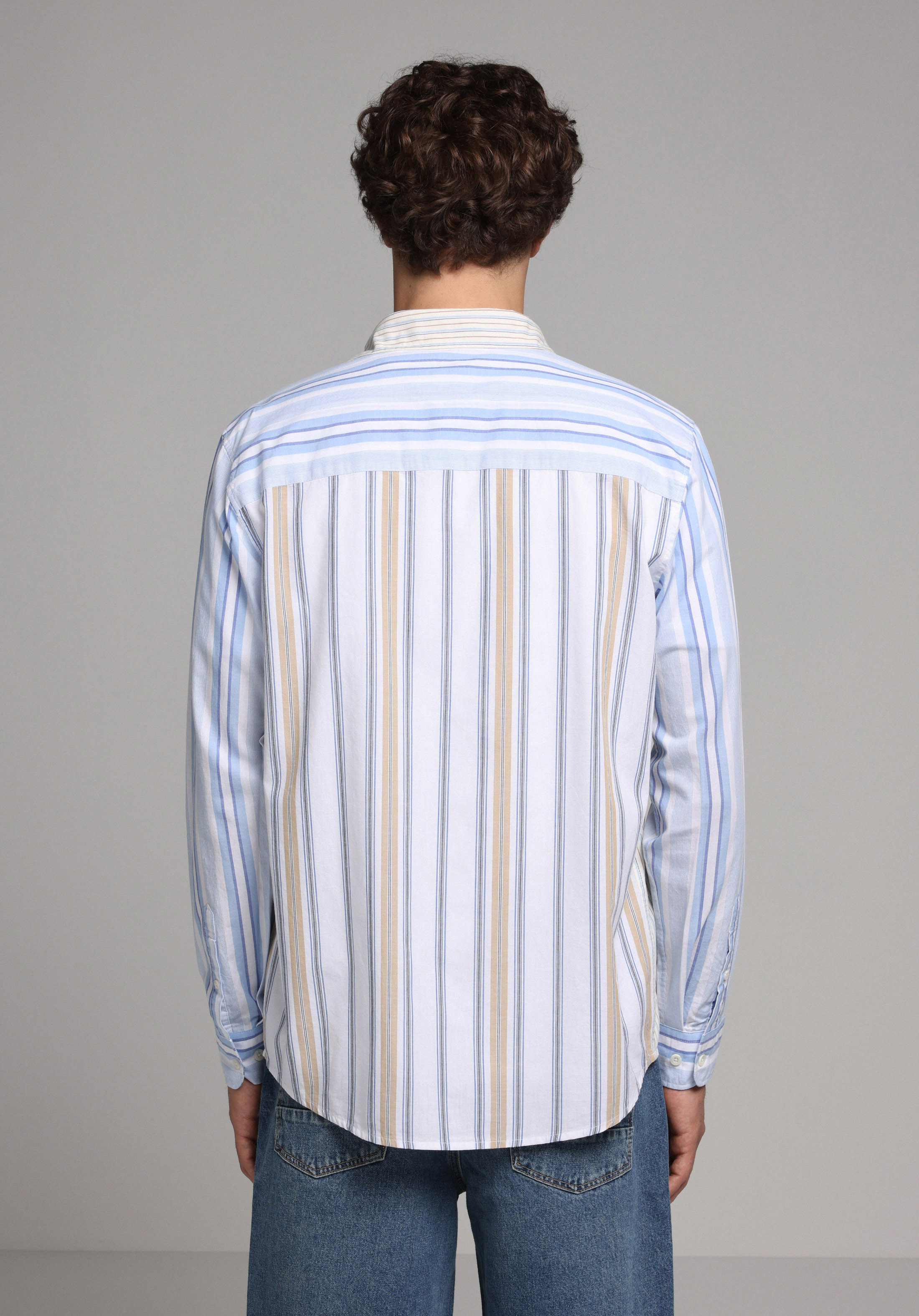 Relaxed Fit Shirt Neck Çizgili Erkek Çok Renkli Uzun Kol Gömlek